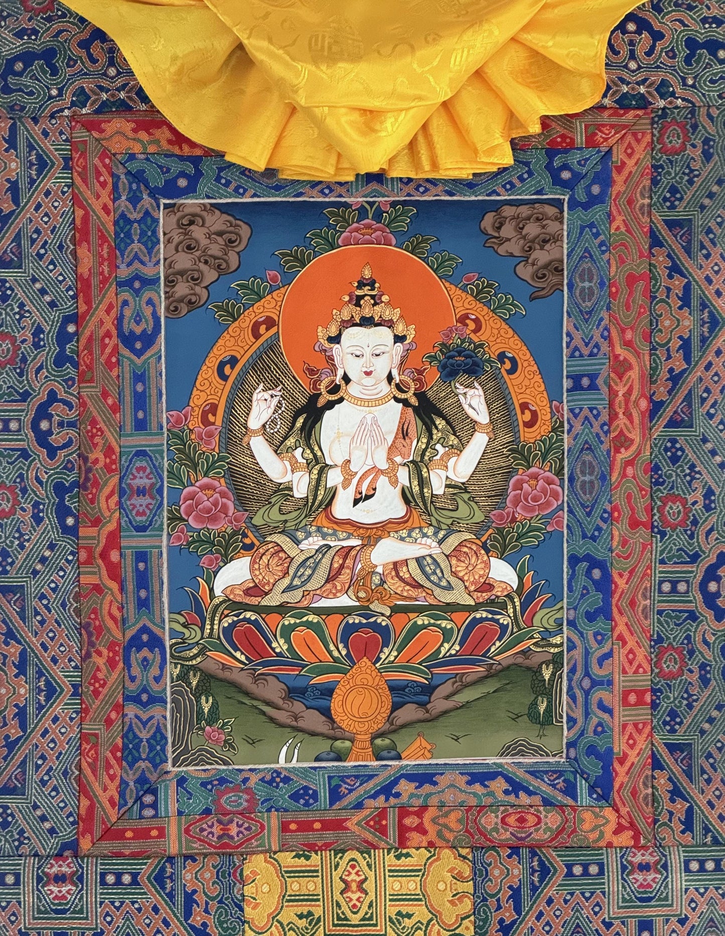 Hand-Painted Chenrezig Tibetan Thangka | Avalokiteshvara Compassion Art with Khadi Silk Brocade