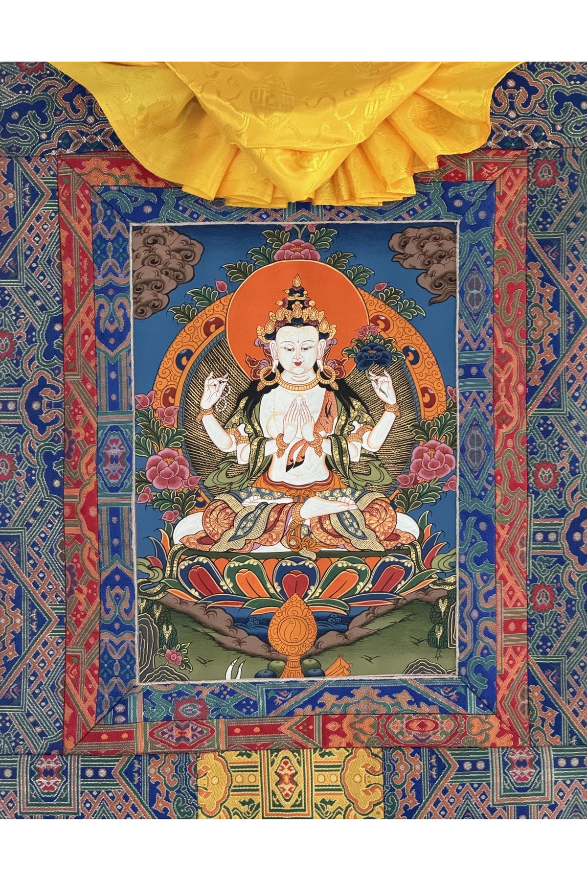 Hand-Painted Chenrezig Tibetan Thangka | Avalokiteshvara Compassion Art with Khadi Silk Brocade