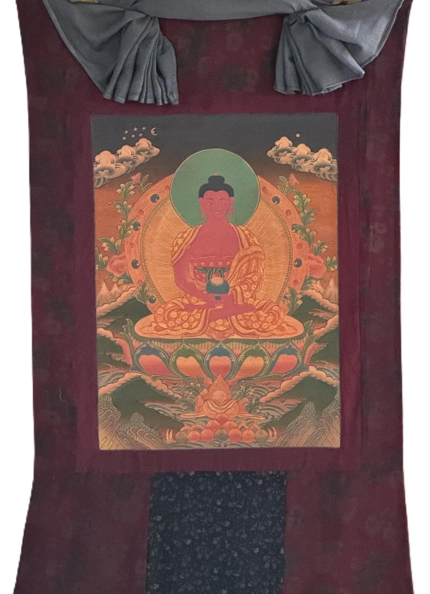 Amitabha Buddha Oil-Varnished Thangka | Hand-Painted Tibetan Pure Land Art with Cotton Brocade