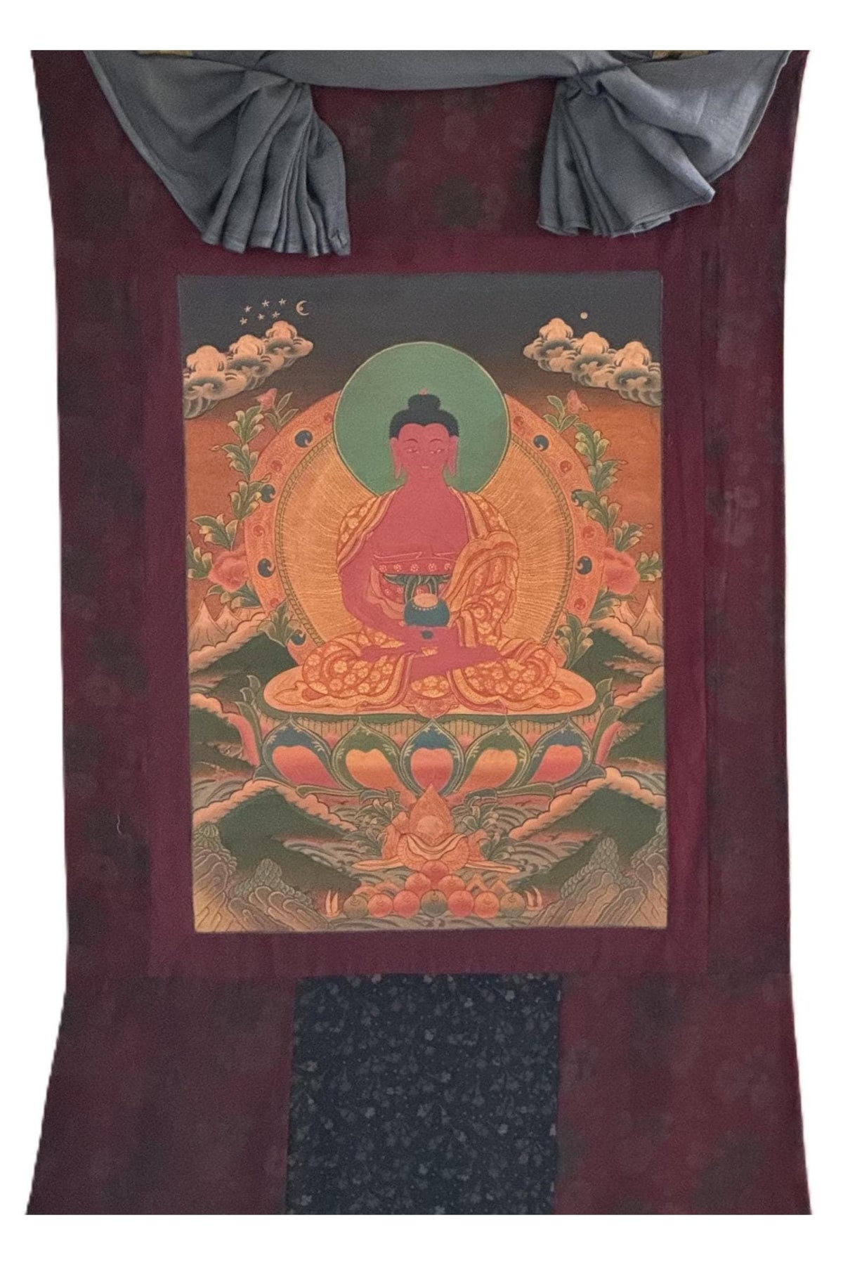 Amitabha Buddha Oil-Varnished Thangka | Hand-Painted Tibetan Pure Land Art with Cotton Brocade