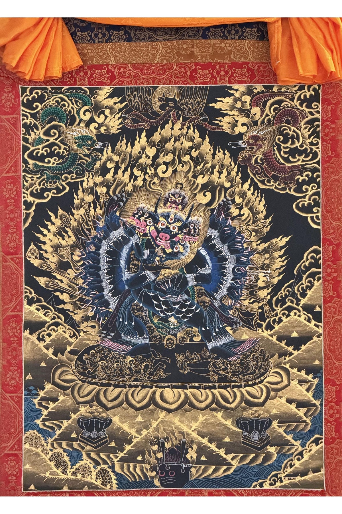 Hand-Painted Yamantaka with Consort Thangka | Wrathful Protector Tibetan Art with Silk Brocade