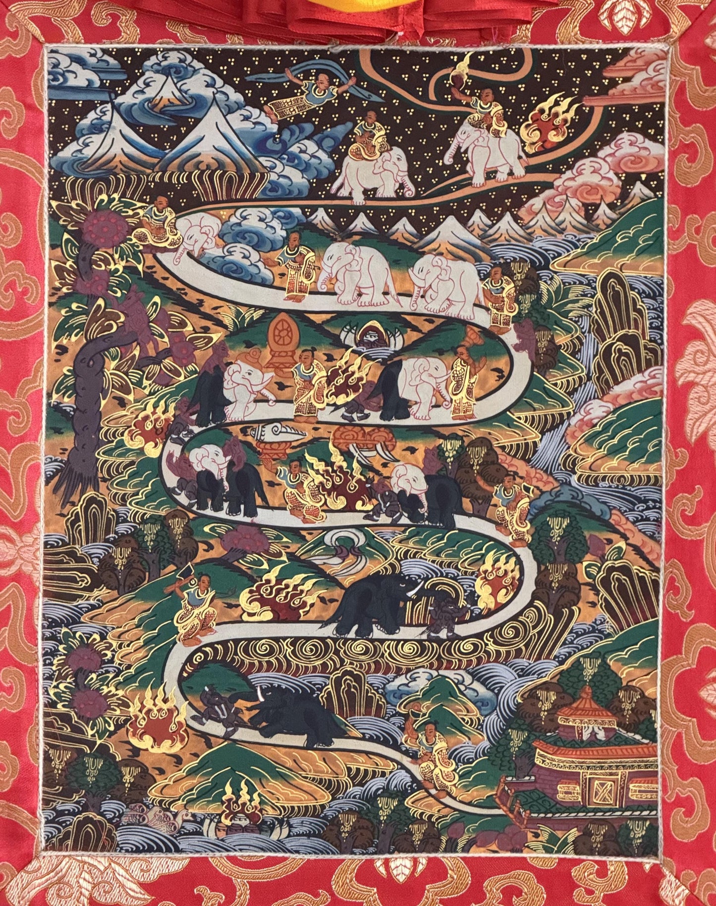 Original Hand-Painted Samatha Meditation Thangka | Tibetan Buddhist Silk Brocade Art | Spiritual Wall Hanging