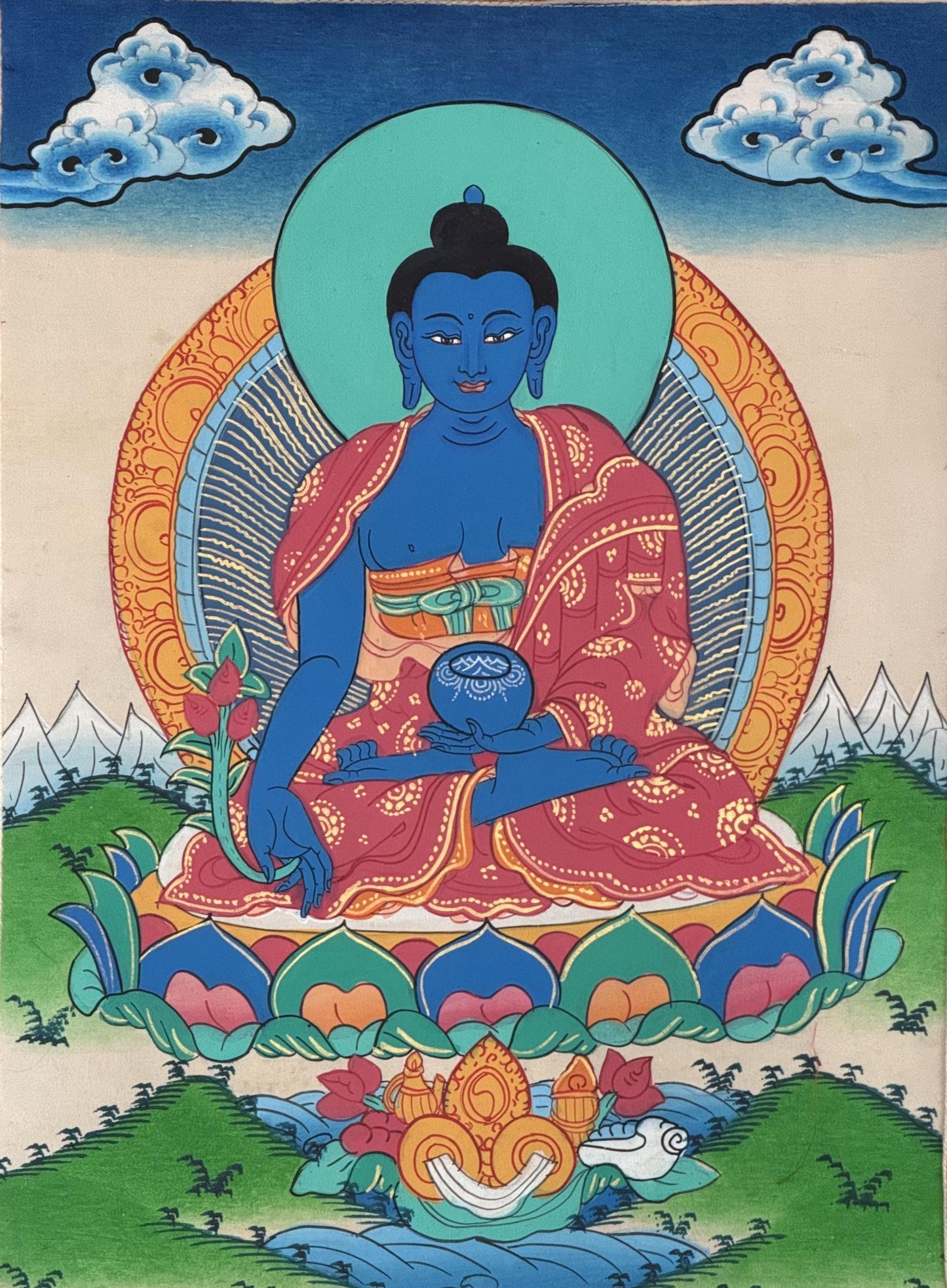 Medicine Buddha Thangka | Bhaisajyaguru Healing Buddha | Hand-Painted Tibetan Art | Framed with Silk Brocade