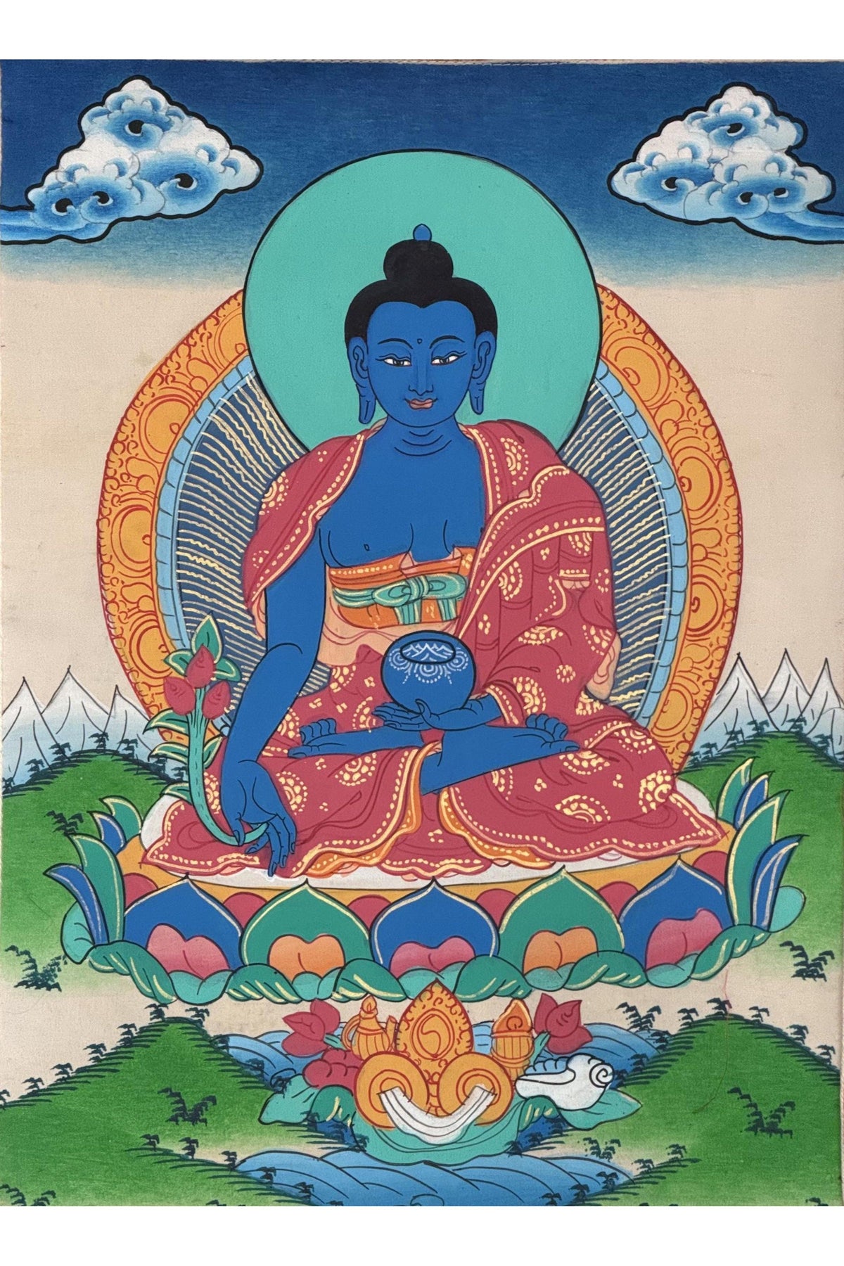 Medicine Buddha Thangka | Bhaisajyaguru Healing Buddha | Hand-Painted Tibetan Art | Framed with Silk Brocade