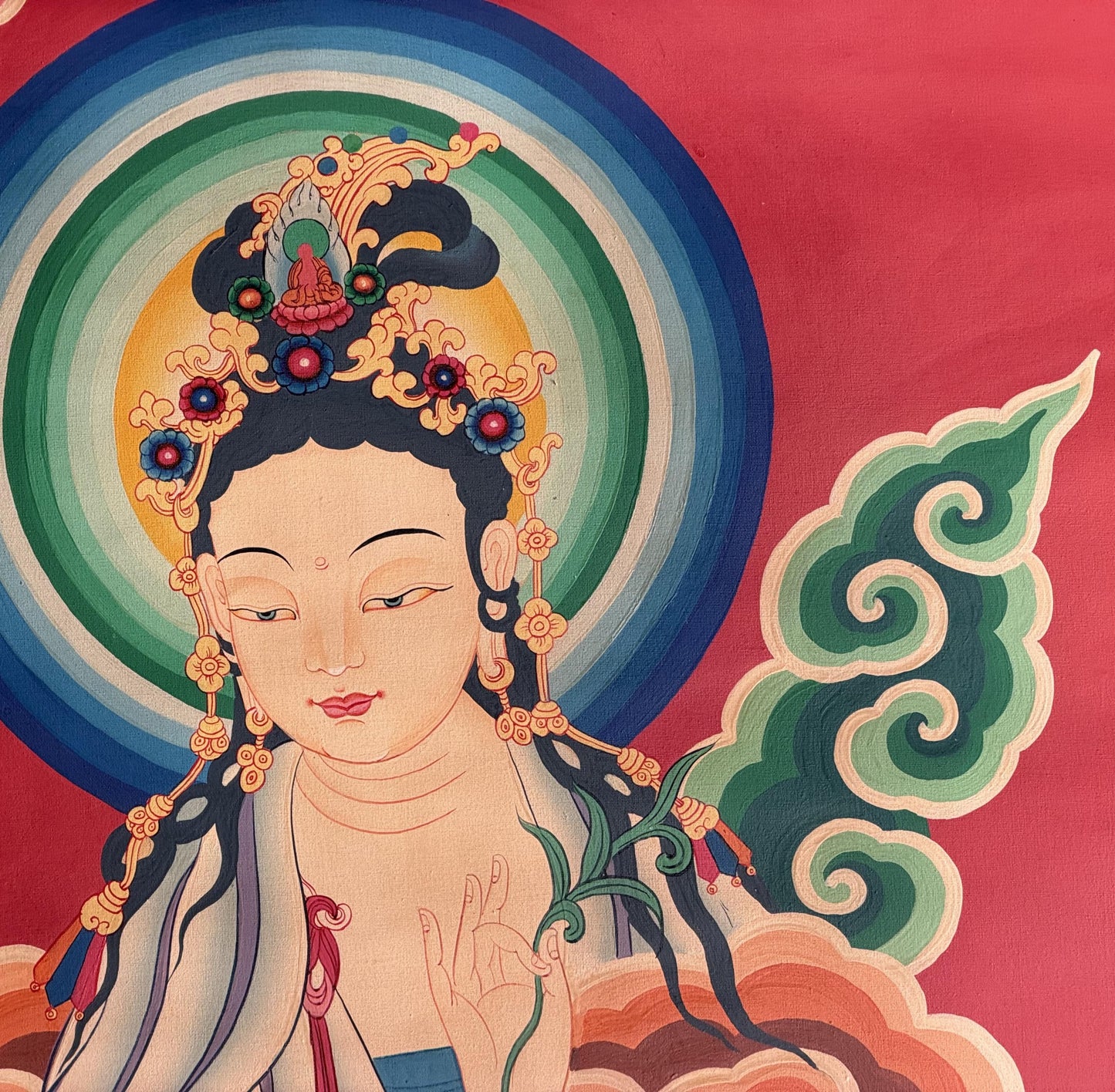 Hand-Painted Standing White Tara Thangka - Smoky Tibetan Art