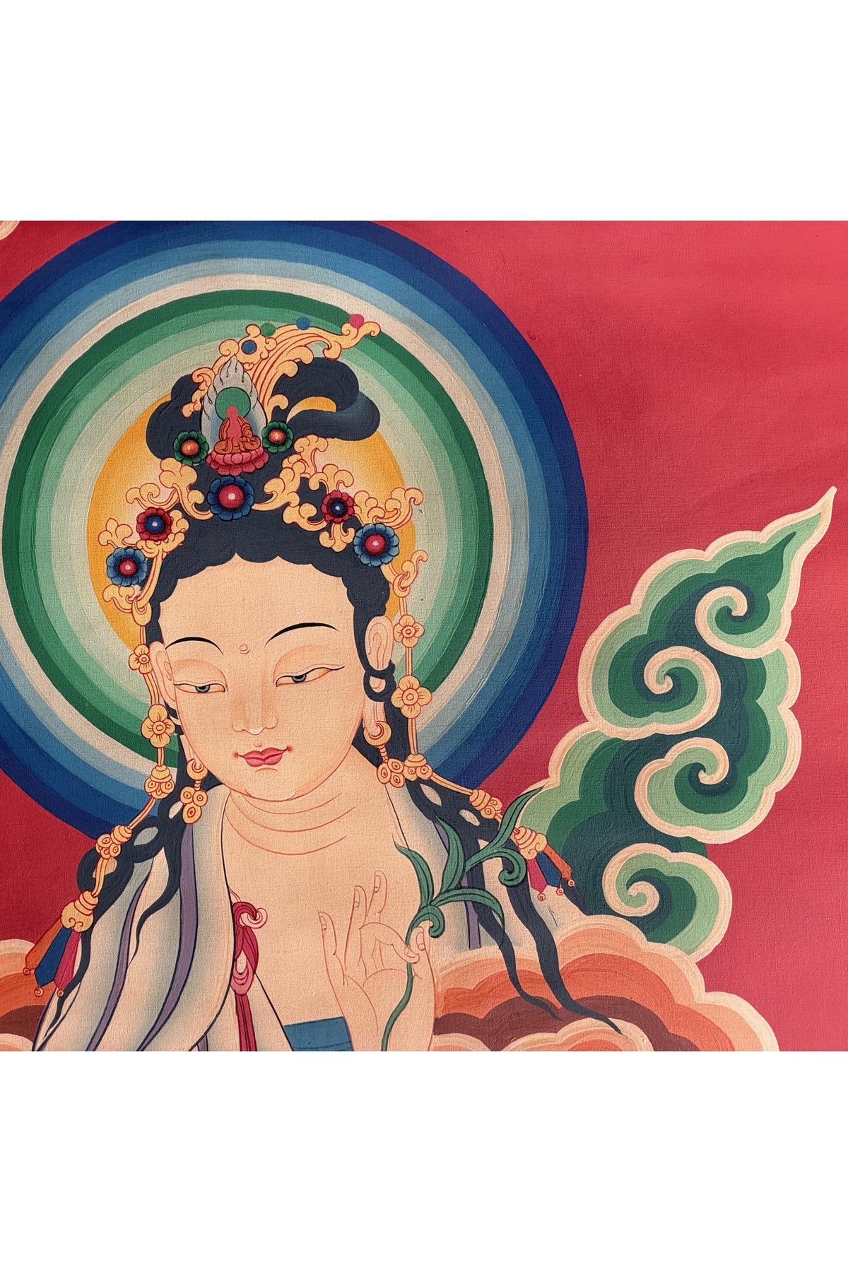 Hand-Painted Standing White Tara Thangka - Smoky Tibetan Art