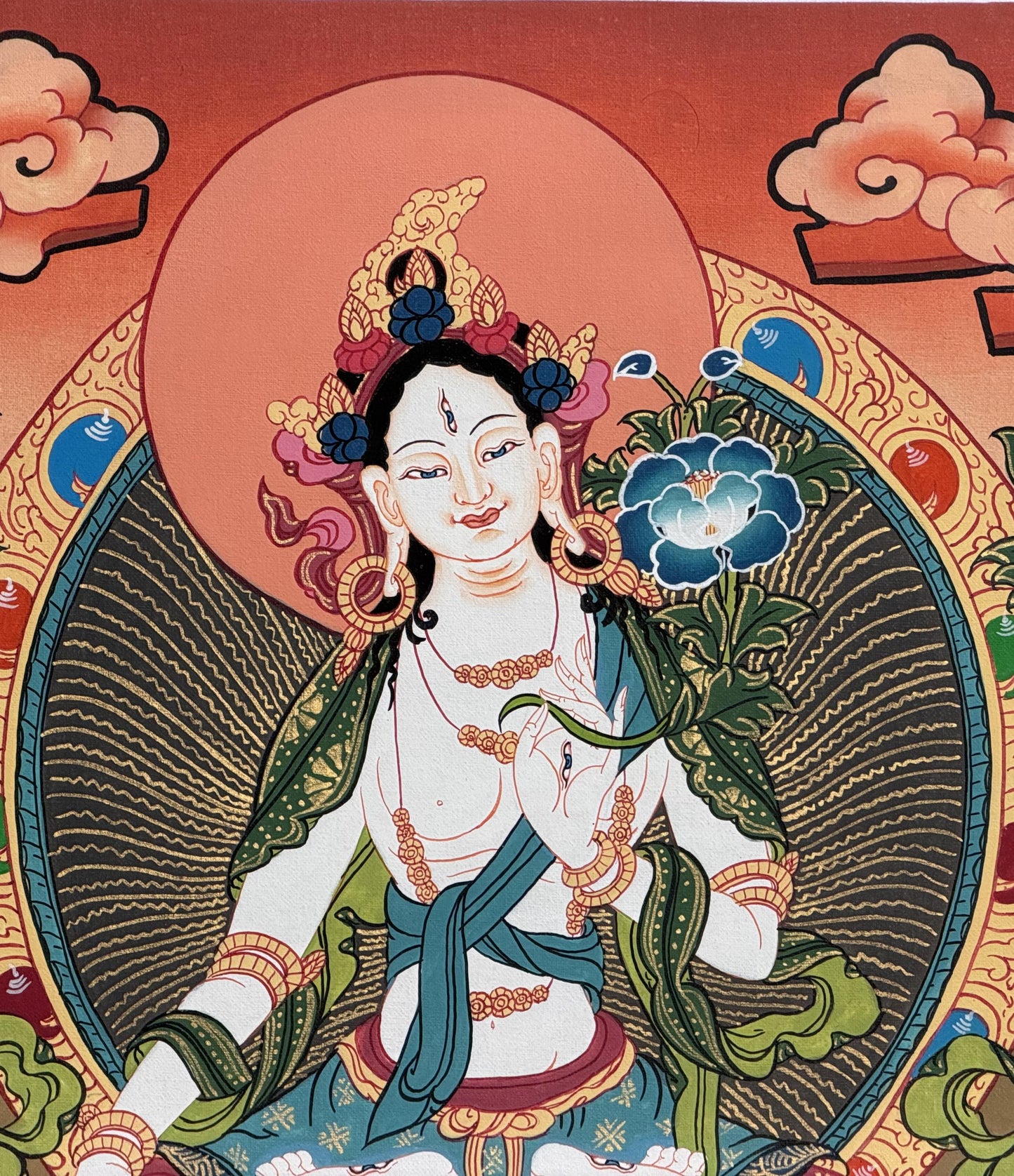 White Tara Thangka Painting, Hand-Painted Buddhist Art, Silk Brocade Frame