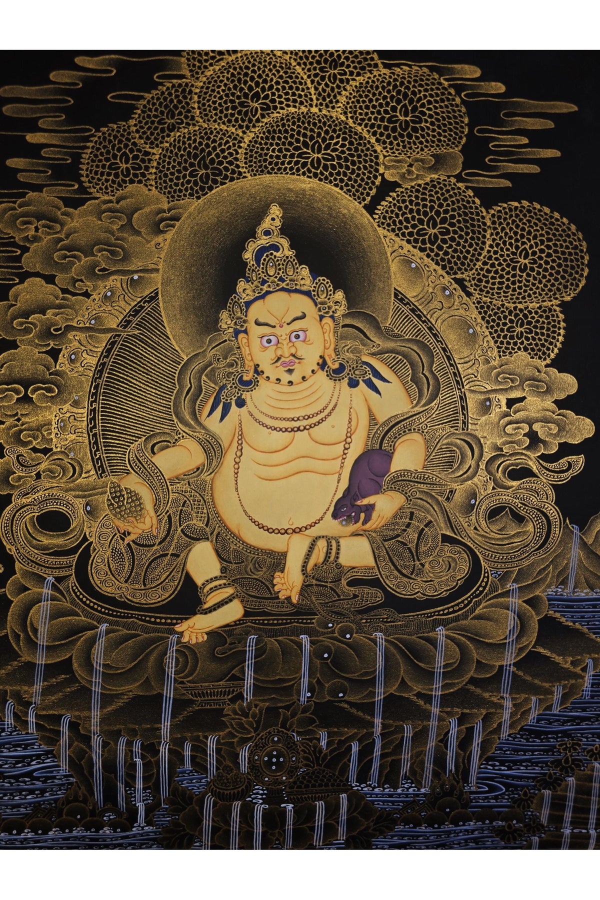 Hand Painted Yellow Jambhala Thangka, Tibetan Wealth Deity Buddhist Art, 24k Gold