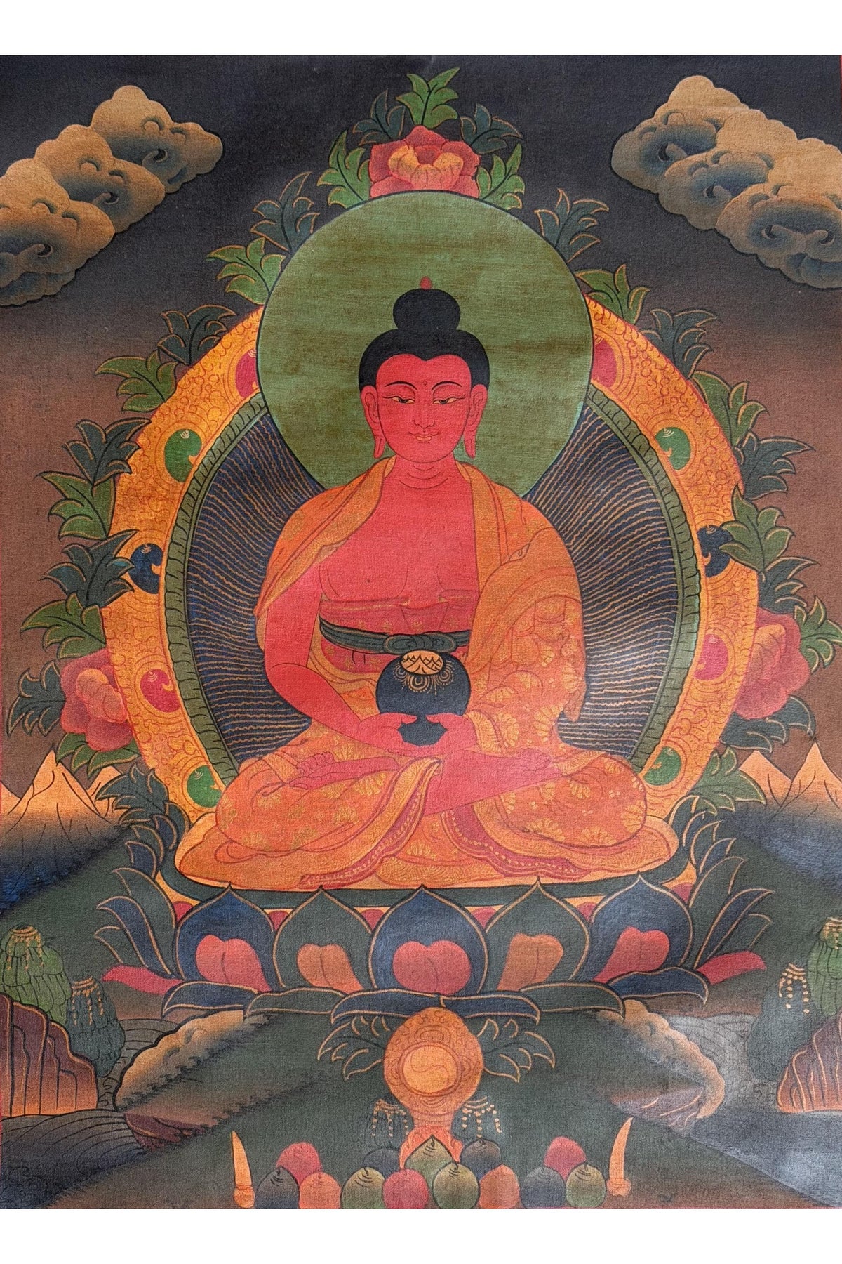 Amitabha Buddha Oil-Varnished Thangka | Hand-Painted Tibetan Pure Land Art with Silk Brocade