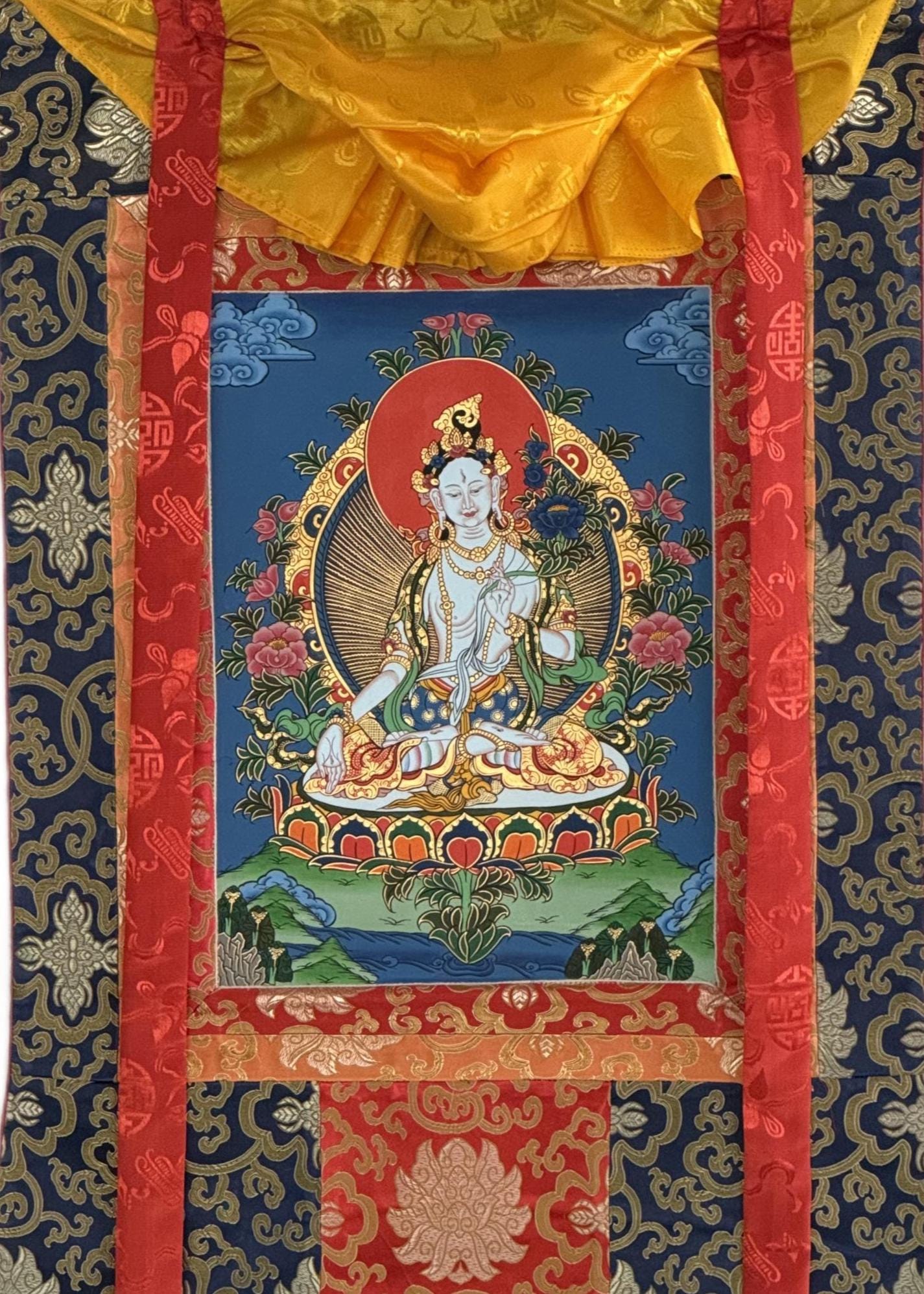 Hand-Painted White Tara Thangka with Silk Brocade