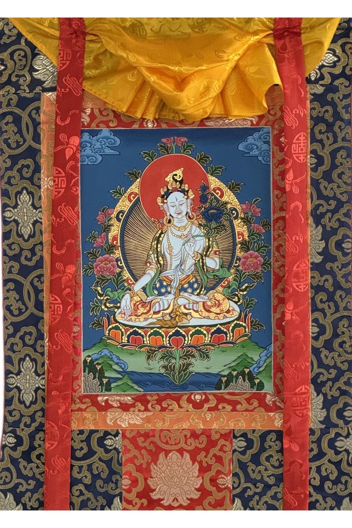 Hand-Painted White Tara Thangka with Silk Brocade