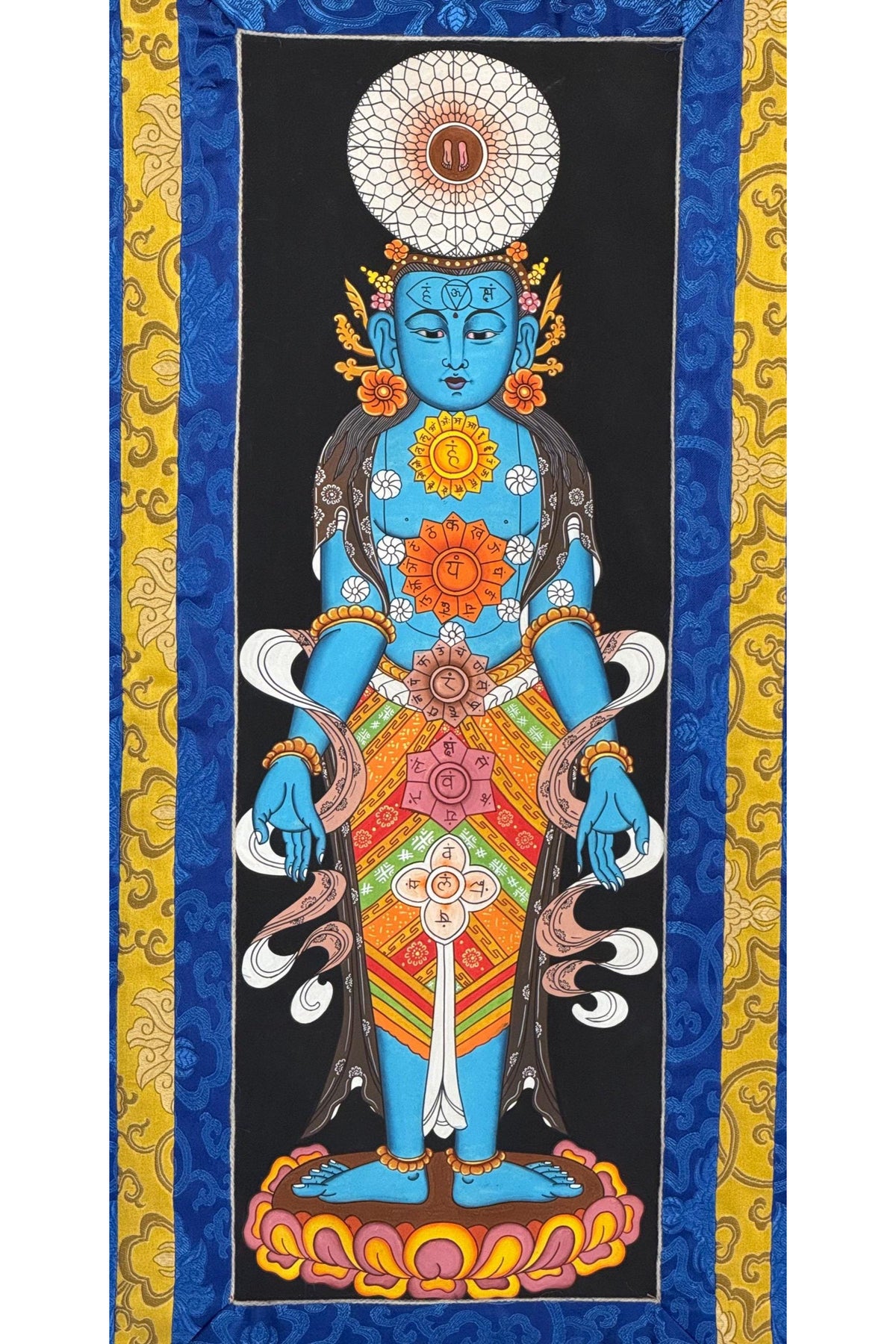 Seven Chakra Meditation Thangka | Hand-Painted Tibetan Life Energy Art with Silk Brocade