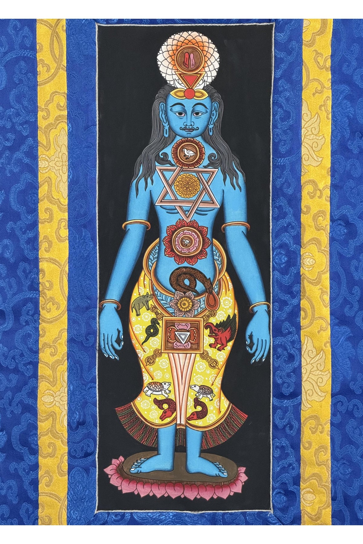 Hand-painted 7 Chakra Kundalini Healing Tibetan Thangka Art with Silk Brocade