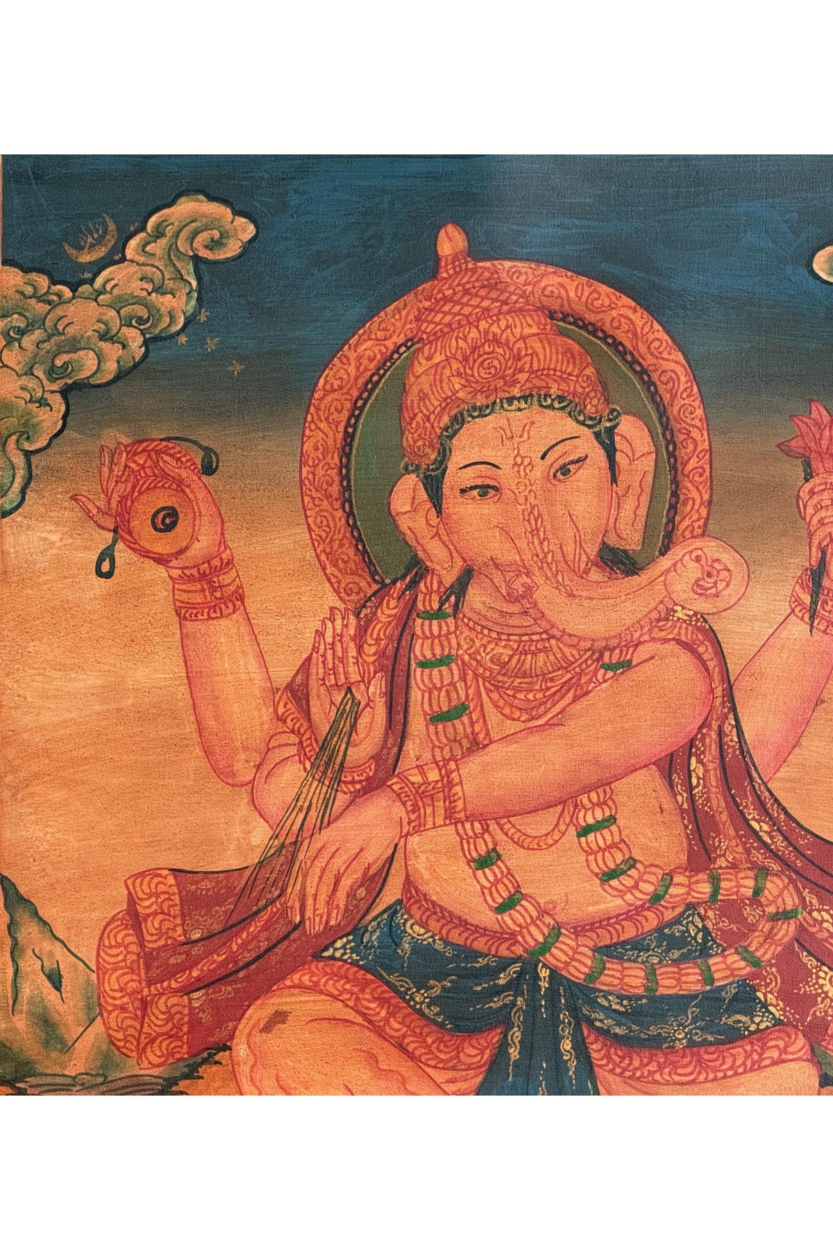 Hand-Painted Ganesha Newari Painting | Ganapati Masterpiece with Silk Brocade | Oil Varnished Thangka Art