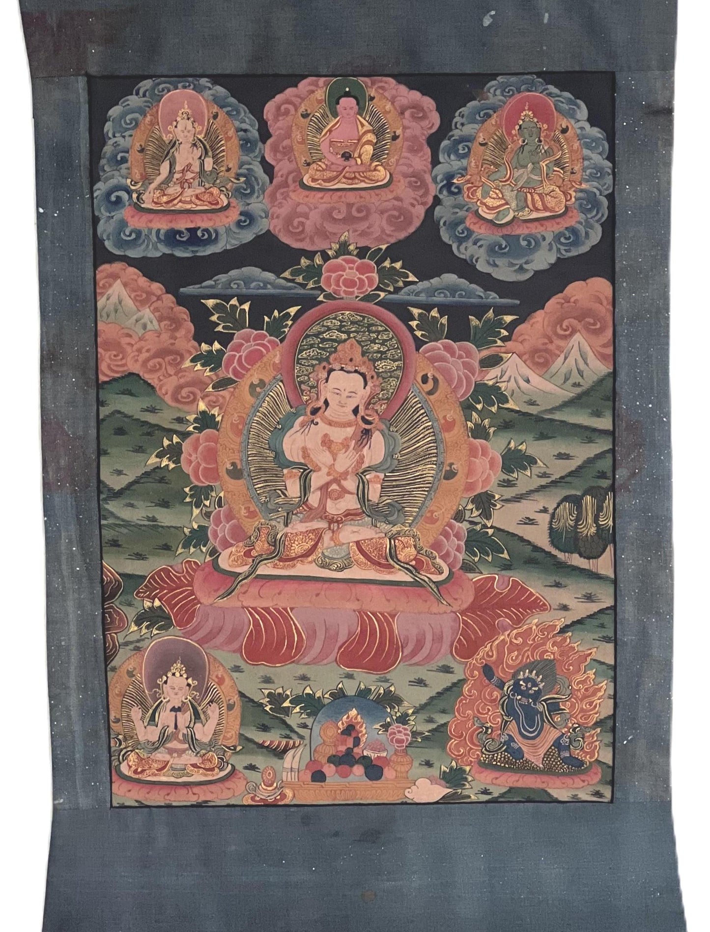 Old Vajradhara Thangka | Hand-Painted Primordial Buddha Narrow Border Tibetan Art