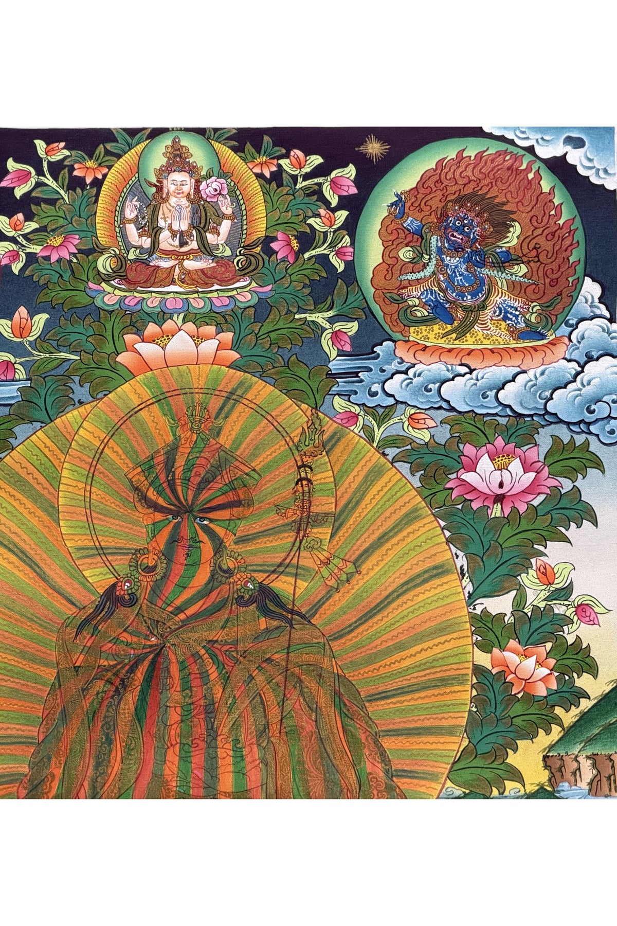 Guru Rinpoche Rainbow Body Thangka | Hand-Painted Padmasambhava Tibetan Art with Silk Brocade