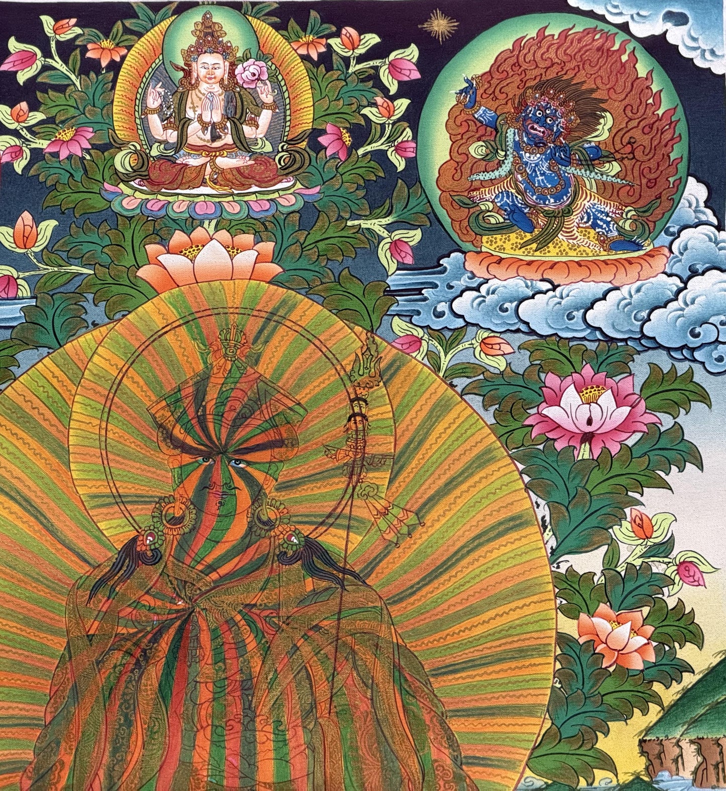 Guru Rinpoche Rainbow Body Thangka | Hand-Painted Padmasambhava Tibetan Art with Silk Brocade