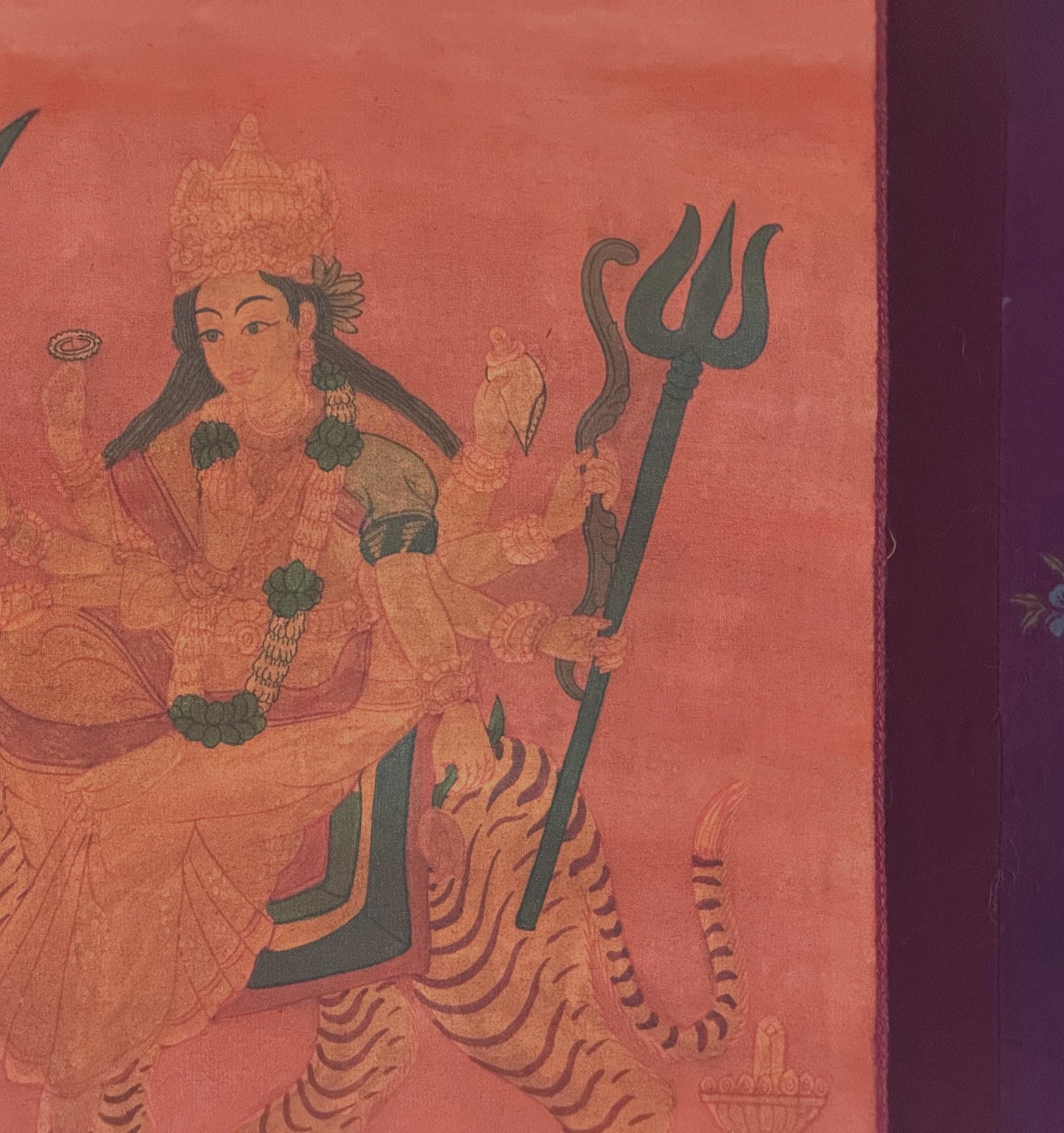 Durga Thangka Oil Varnished | Hand-Painted Hindu Goddess Art with Cotton Brocade