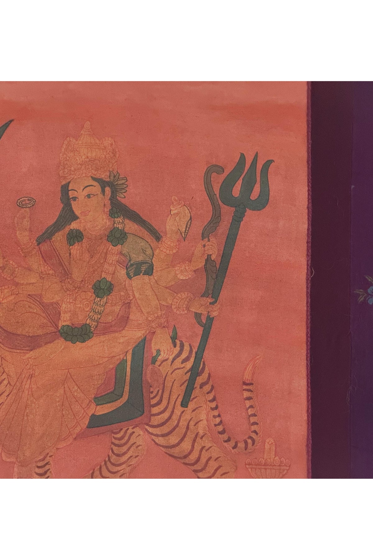 Durga Thangka Oil Varnished | Hand-Painted Hindu Goddess Art with Cotton Brocade