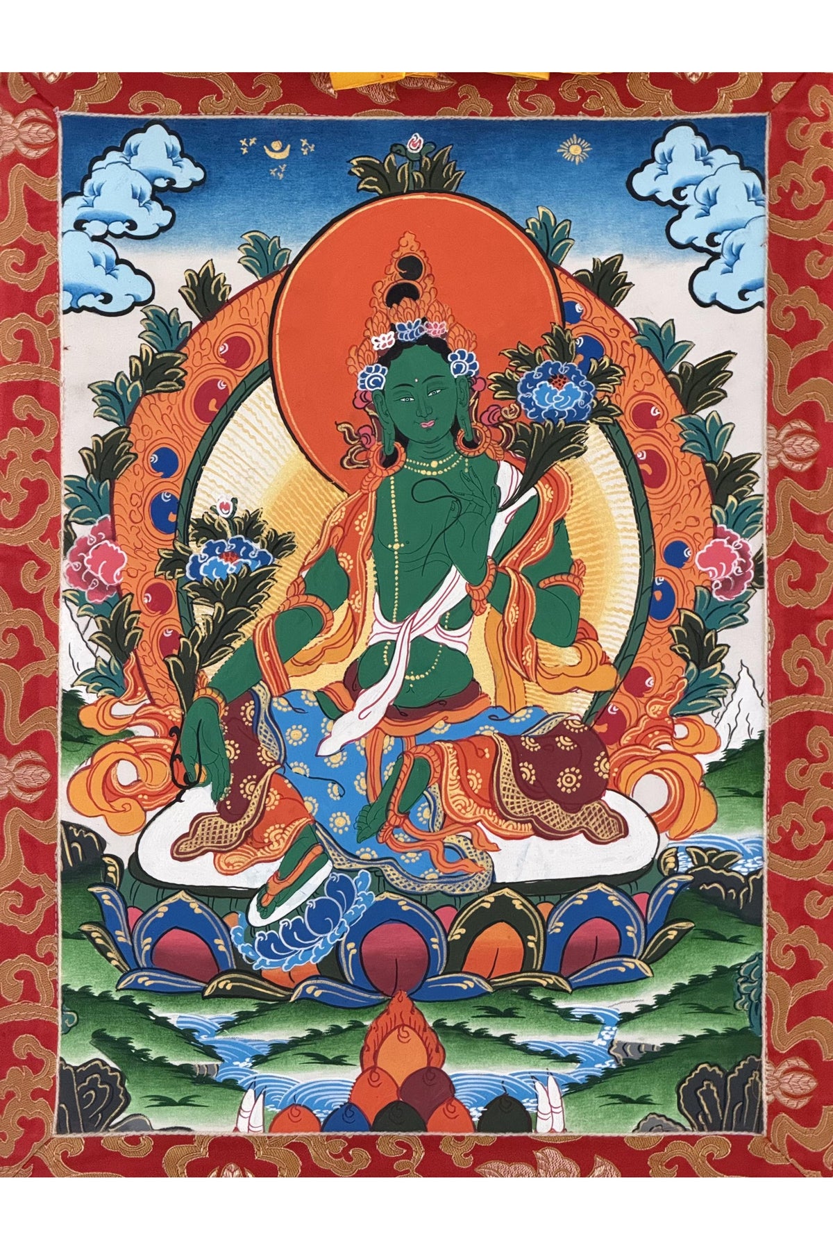 Green Tara Tibetan Thangka – Hand-Painted Goddess of Compassion Painting with Silk Brocade