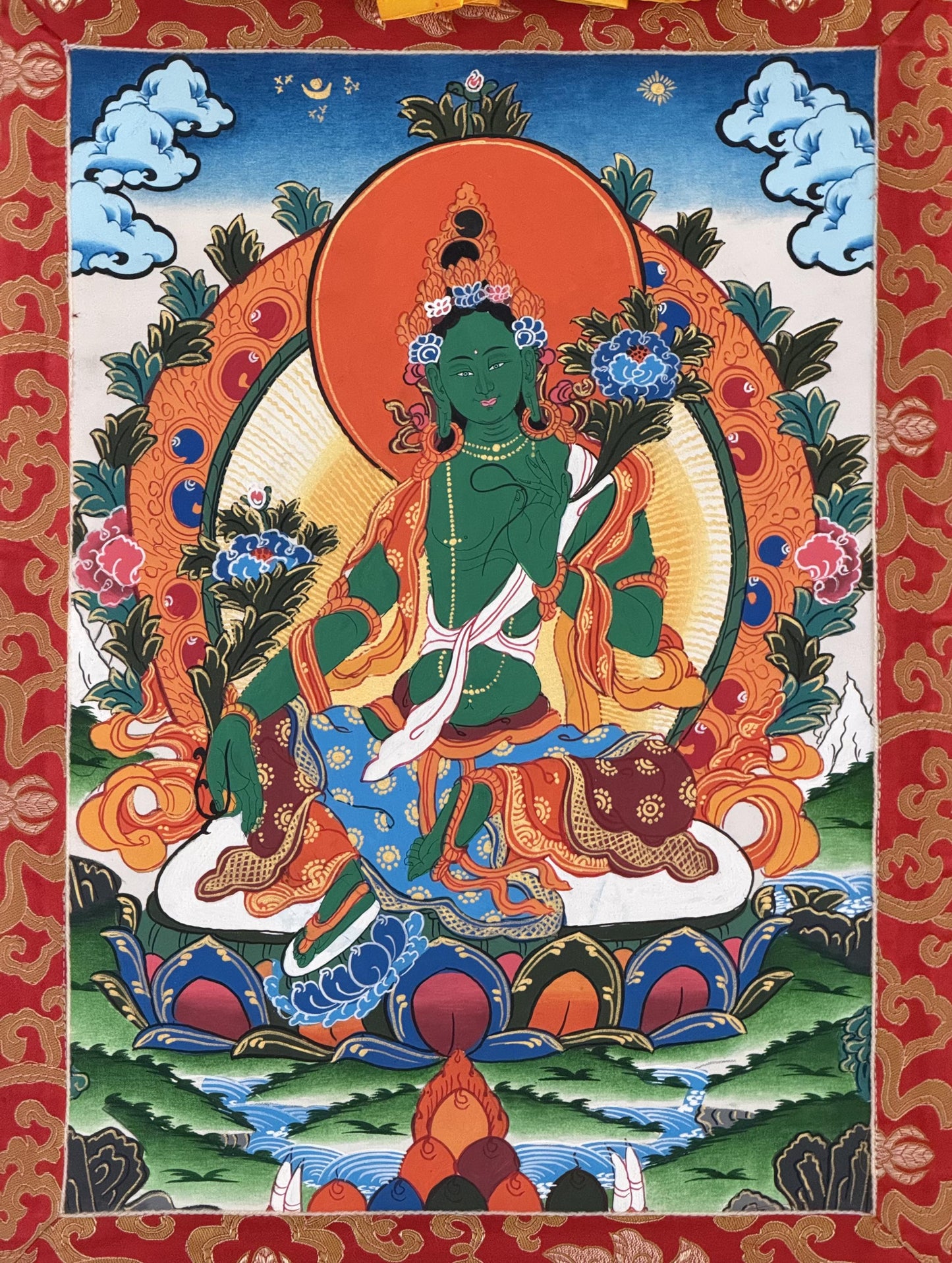 Green Tara Tibetan Thangka – Hand-Painted Goddess of Compassion Painting with Silk Brocade