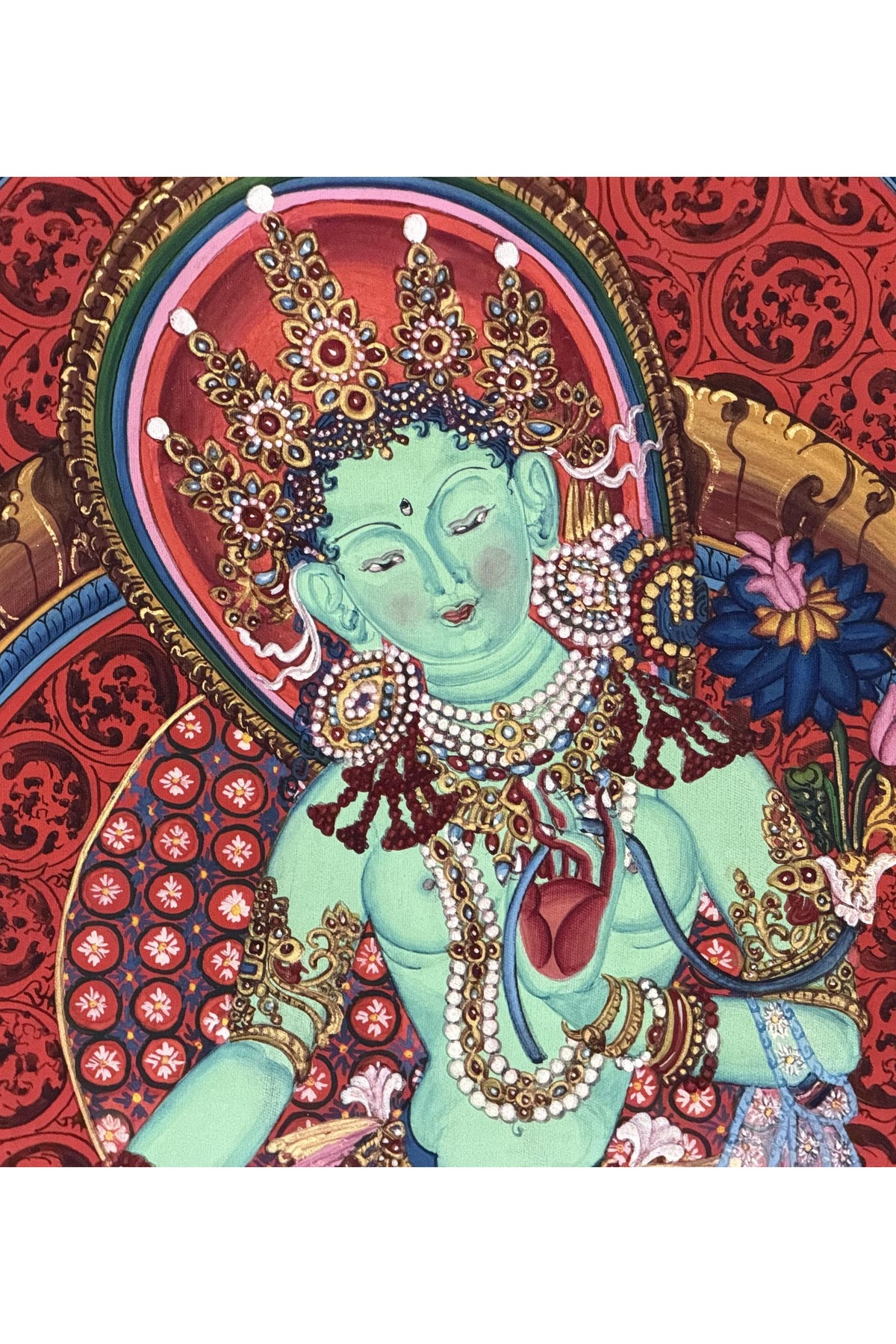 Green Tara Newari Paubha Thangka | Hand-Painted Tibetan Buddhist Art with Silk Brocade