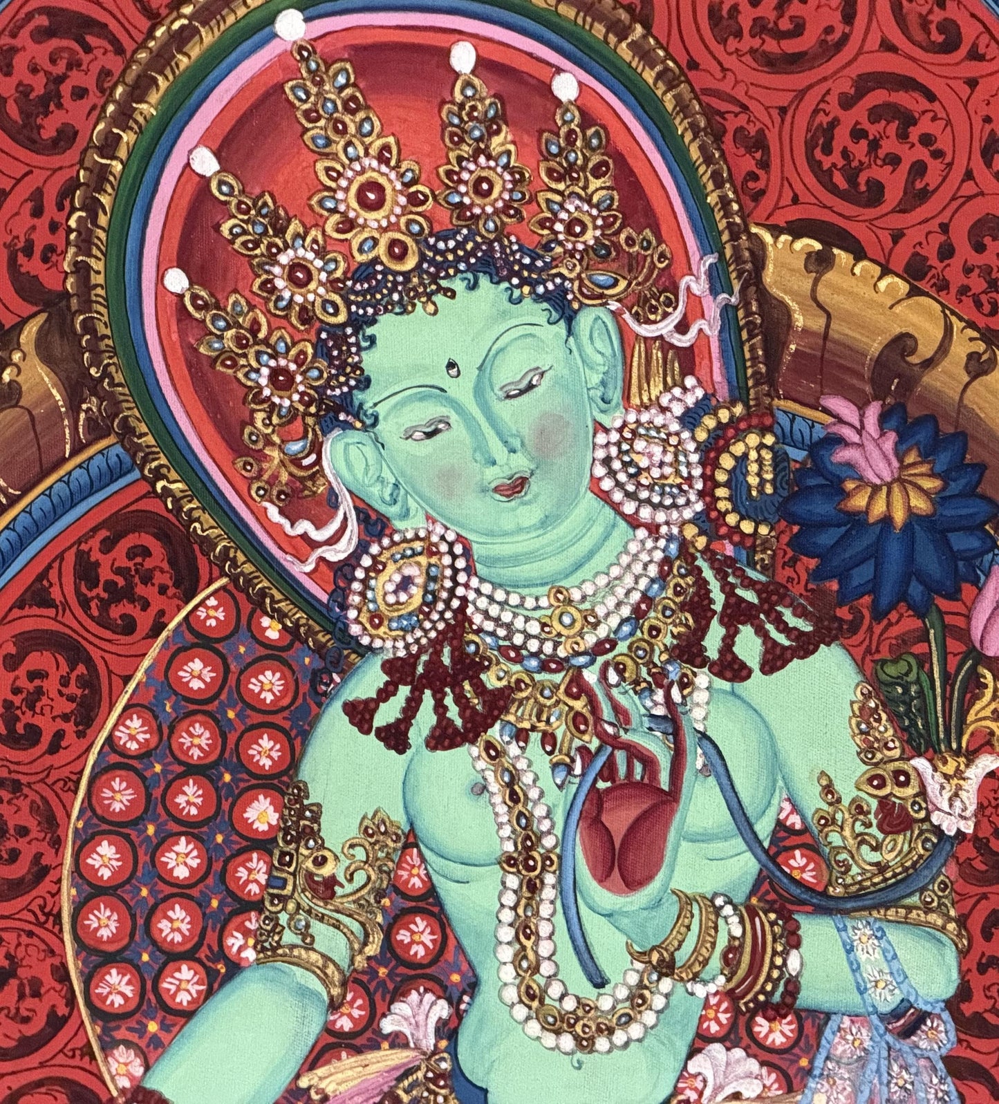 Green Tara Newari Paubha Thangka | Hand-Painted Tibetan Buddhist Art with Silk Brocade