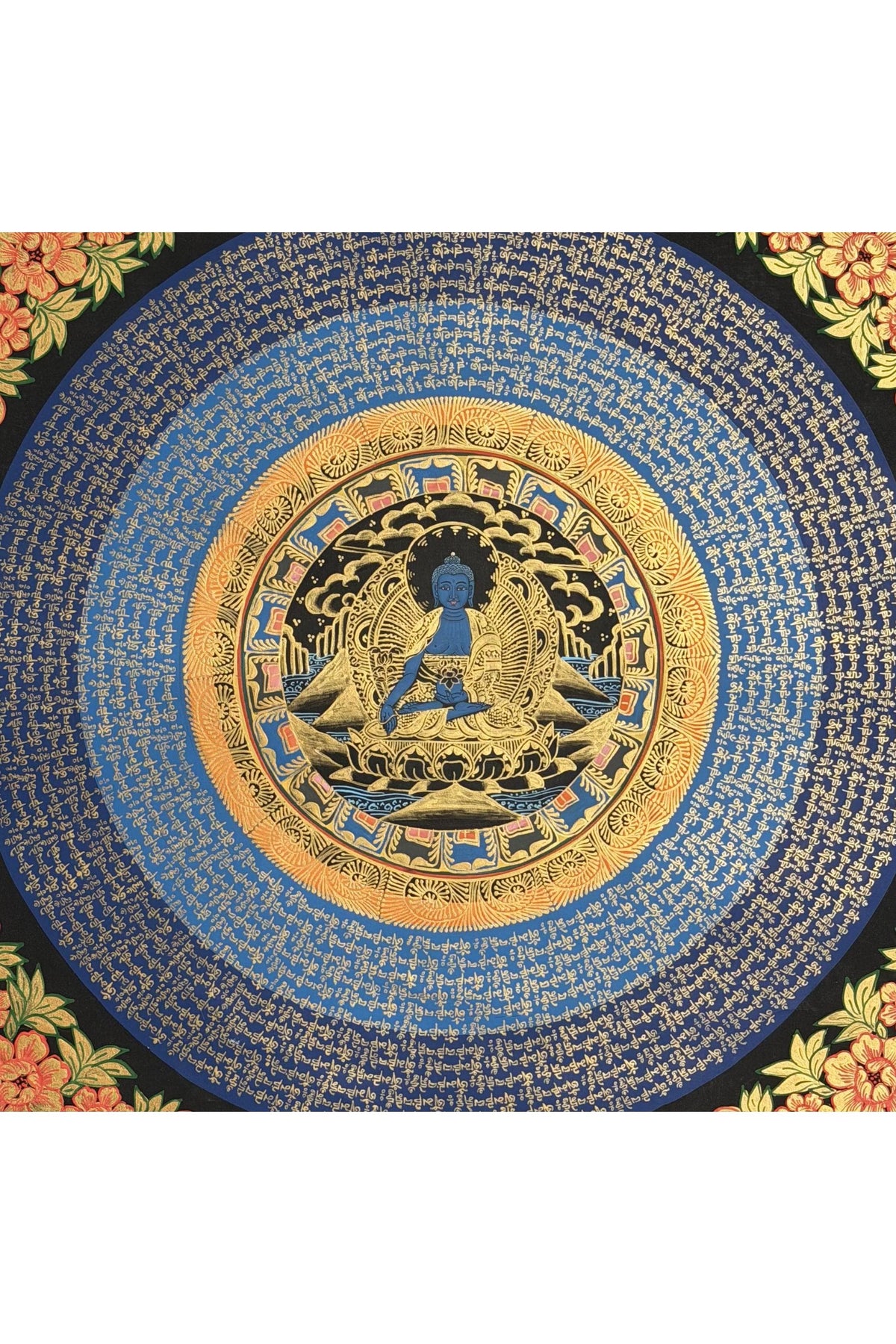 Medicine Buddha Om Mani Padme Hum Thangka | Hand-Painted Tibetan Healing Art with Silk Brocade