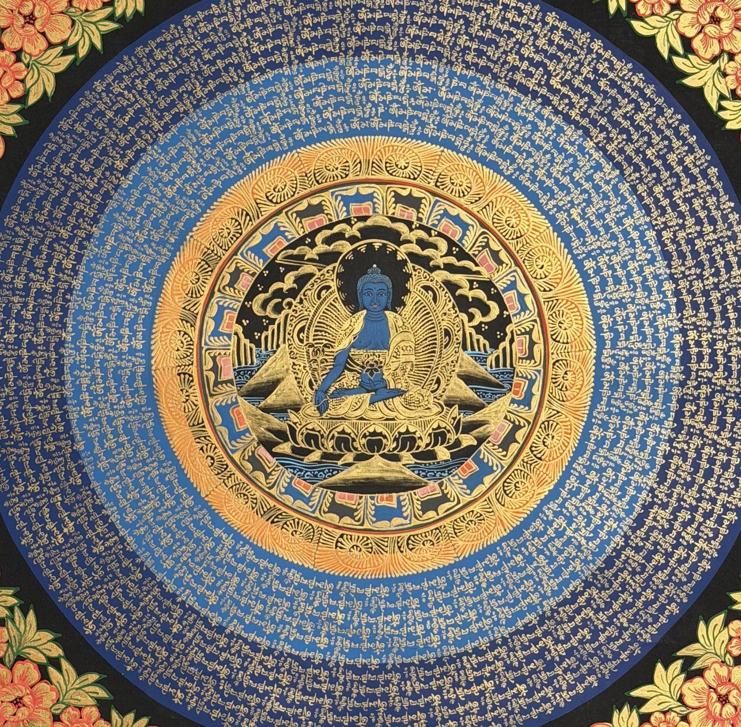 Medicine Buddha Om Mani Padme Hum Thangka | Hand-Painted Tibetan Healing Art with Silk Brocade