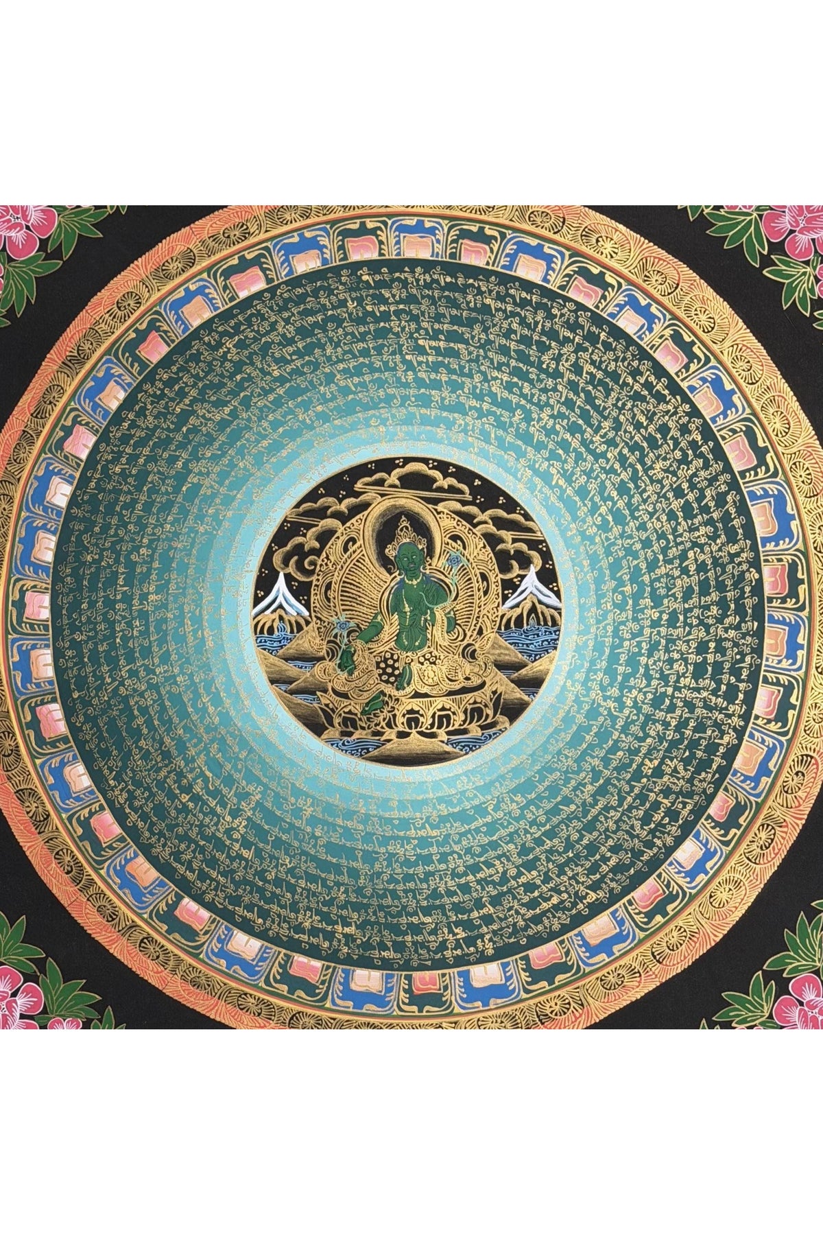Green Tara Om Mani Padme Hum Thangka | Hand-Painted Tibetan Mantra Art with Silk Brocade