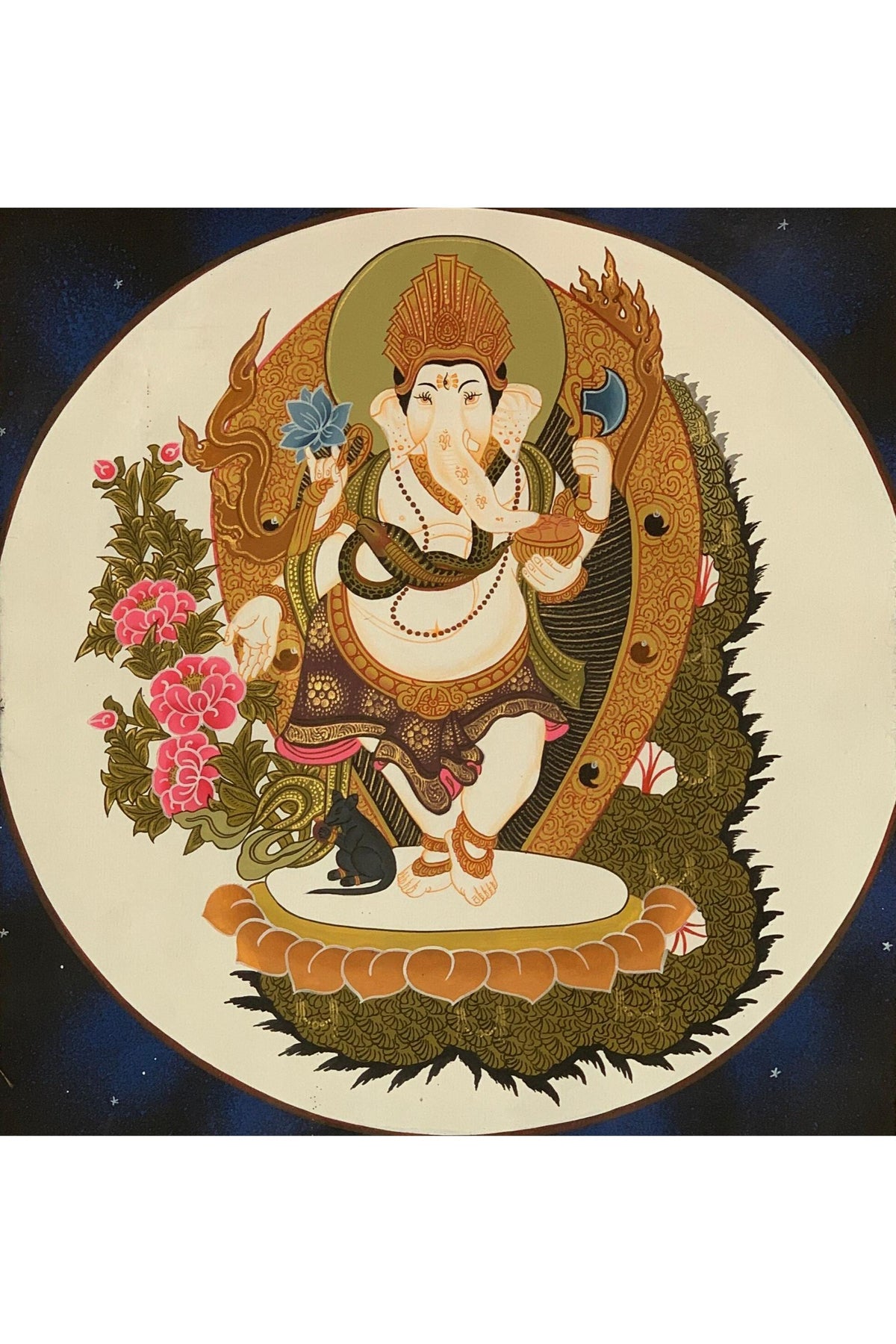 Ganesha Thangka | Hand-Painted Hindu God Art with Silk Brocade
