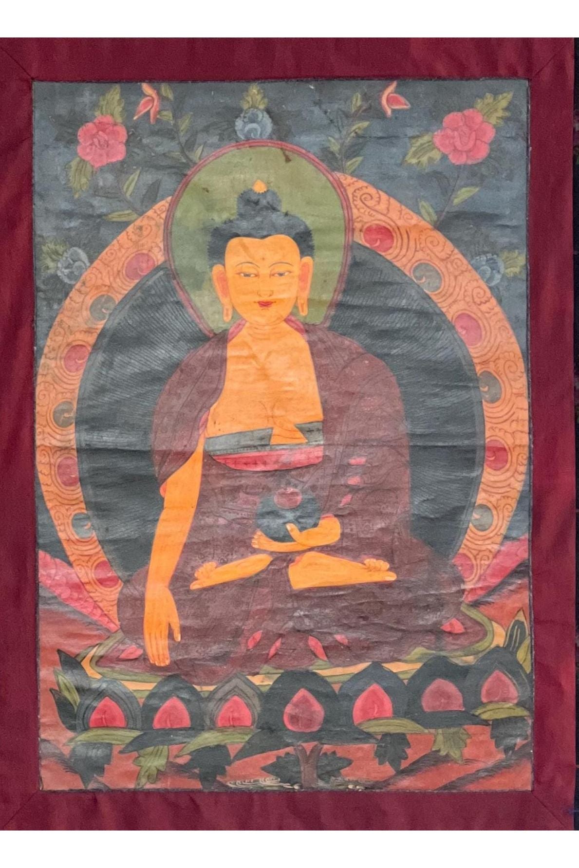 Old Shakyamuni Buddha Thangka | Hand-Painted Single Border Tibetan Art with Cotton Brocade