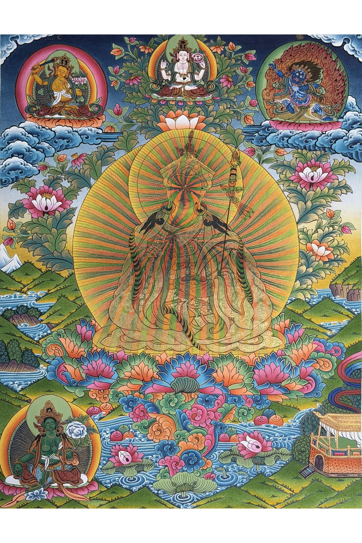 Guru Rinpoche Rainbow Body Thangka | Hand-Painted Tibetan Enlightenment Art with Silk Brocade