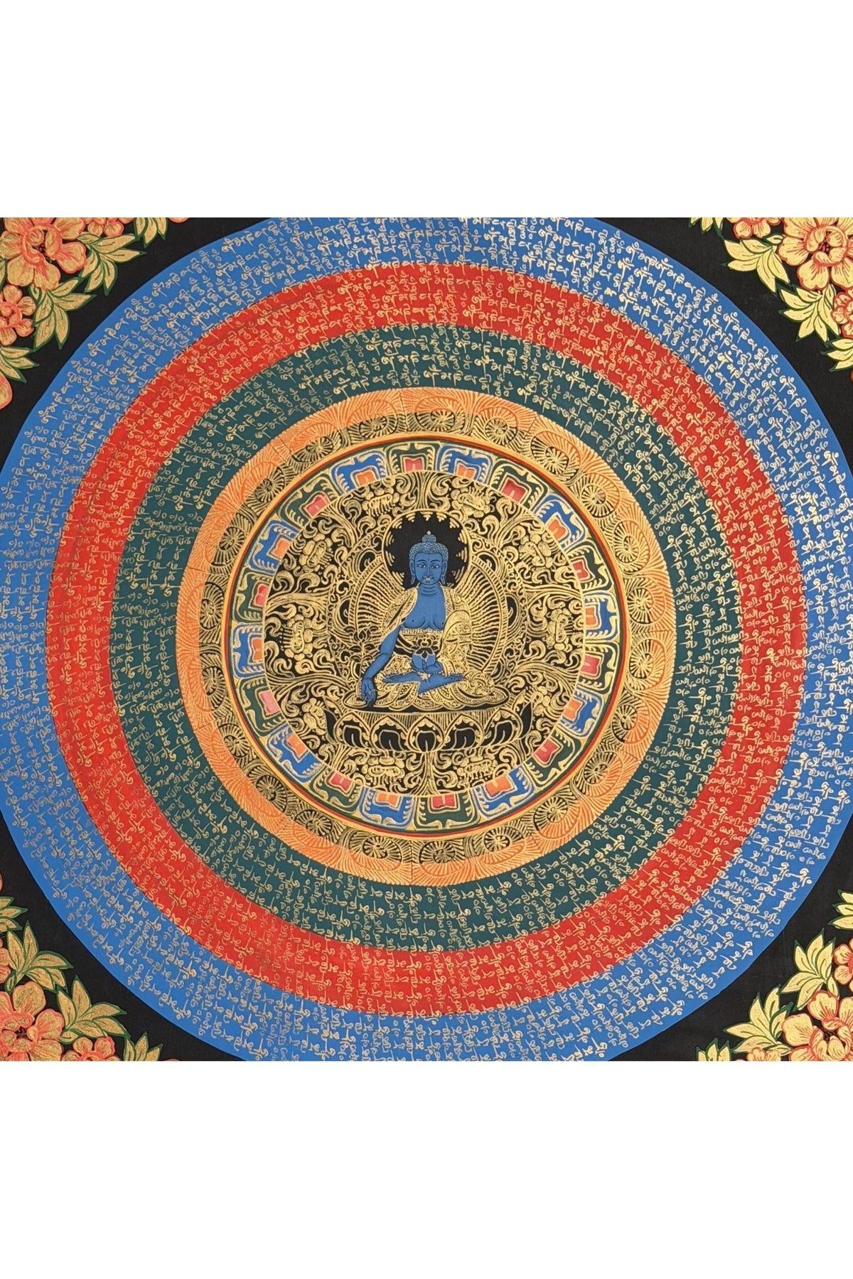 Medicine Buddha Om Mani Padme Hum Thangka | Hand-Painted Tibetan Healing Art Mandala | Silk Brocade