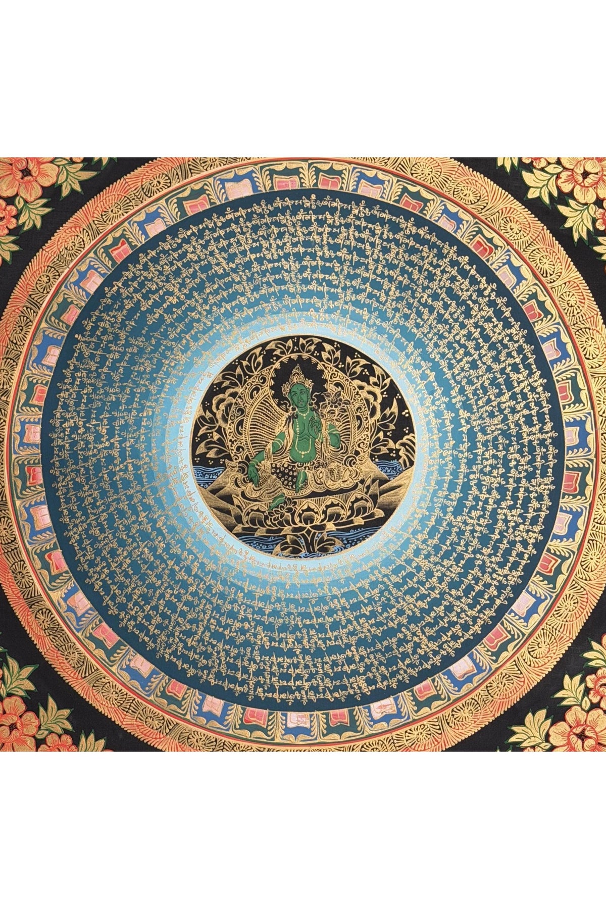 Green Tara Om Mani Padme Hum Thangka | Hand-Painted Tibetan MantraMandala Art with Silk Brocade
