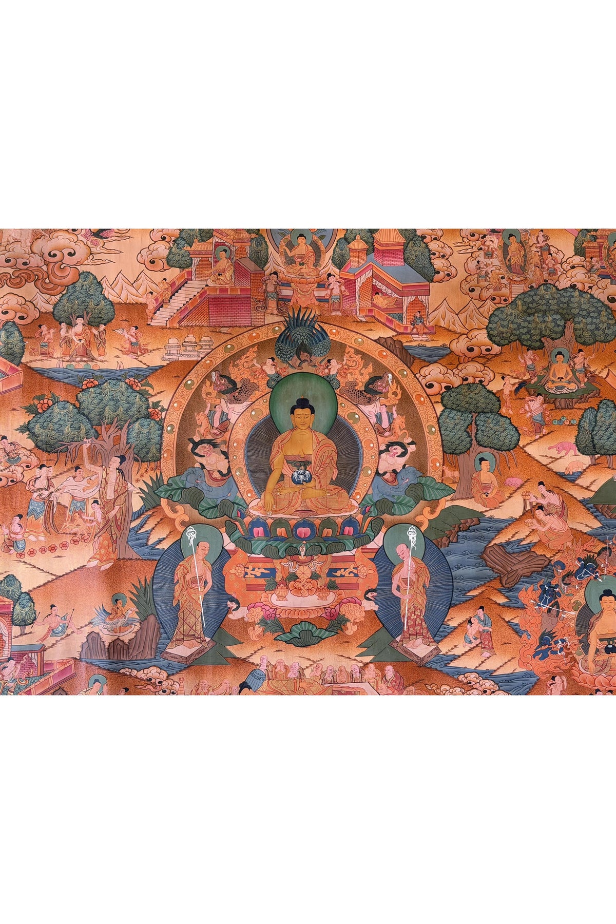 Buddha Life Story Thangka | 24K Gold Old Smoky Tibetan Buddhist Masterpiece