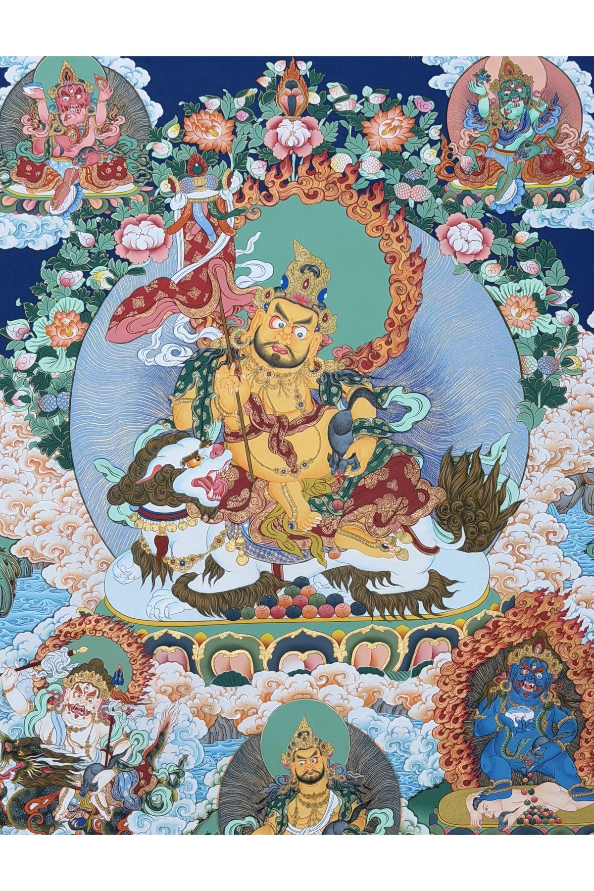 Kubera with Pancha Jambhala Hand-Painted Thangka | 24K Gold Tibetan Wealth Deity - Large Masterpiece