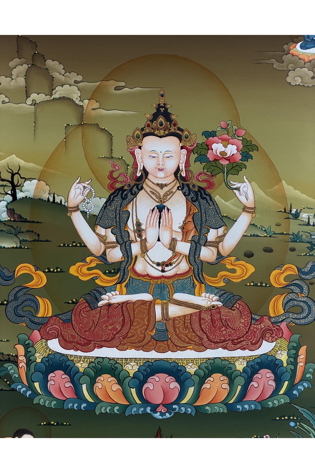 Chenrezig Gold Thangka | Hand-Painted Karma Gadri Tibetan Compassion Art