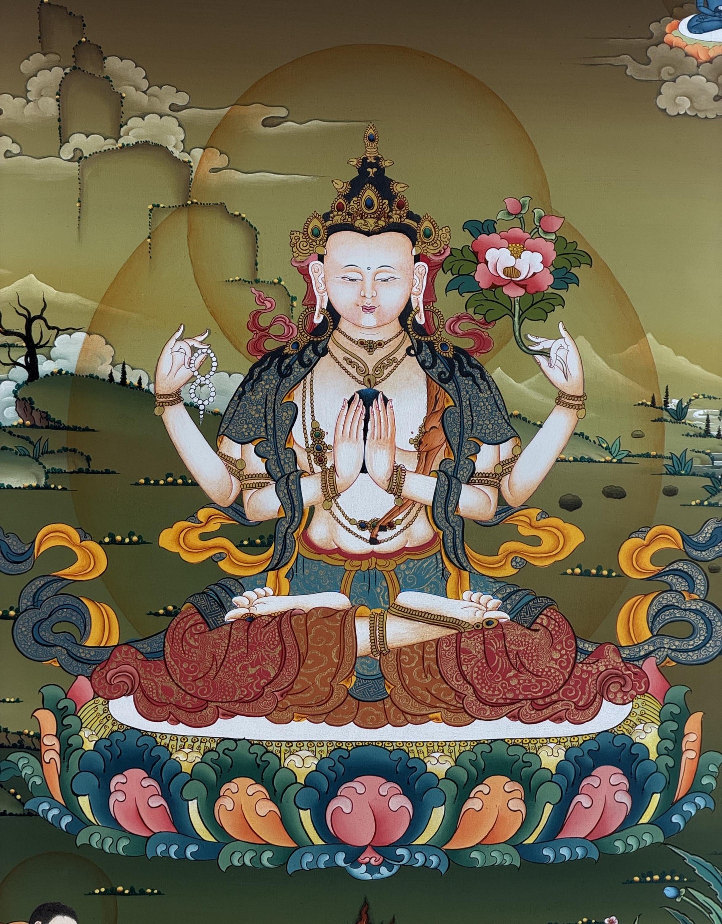 Chenrezig Gold Thangka | Hand-Painted Karma Gadri Tibetan Compassion Art