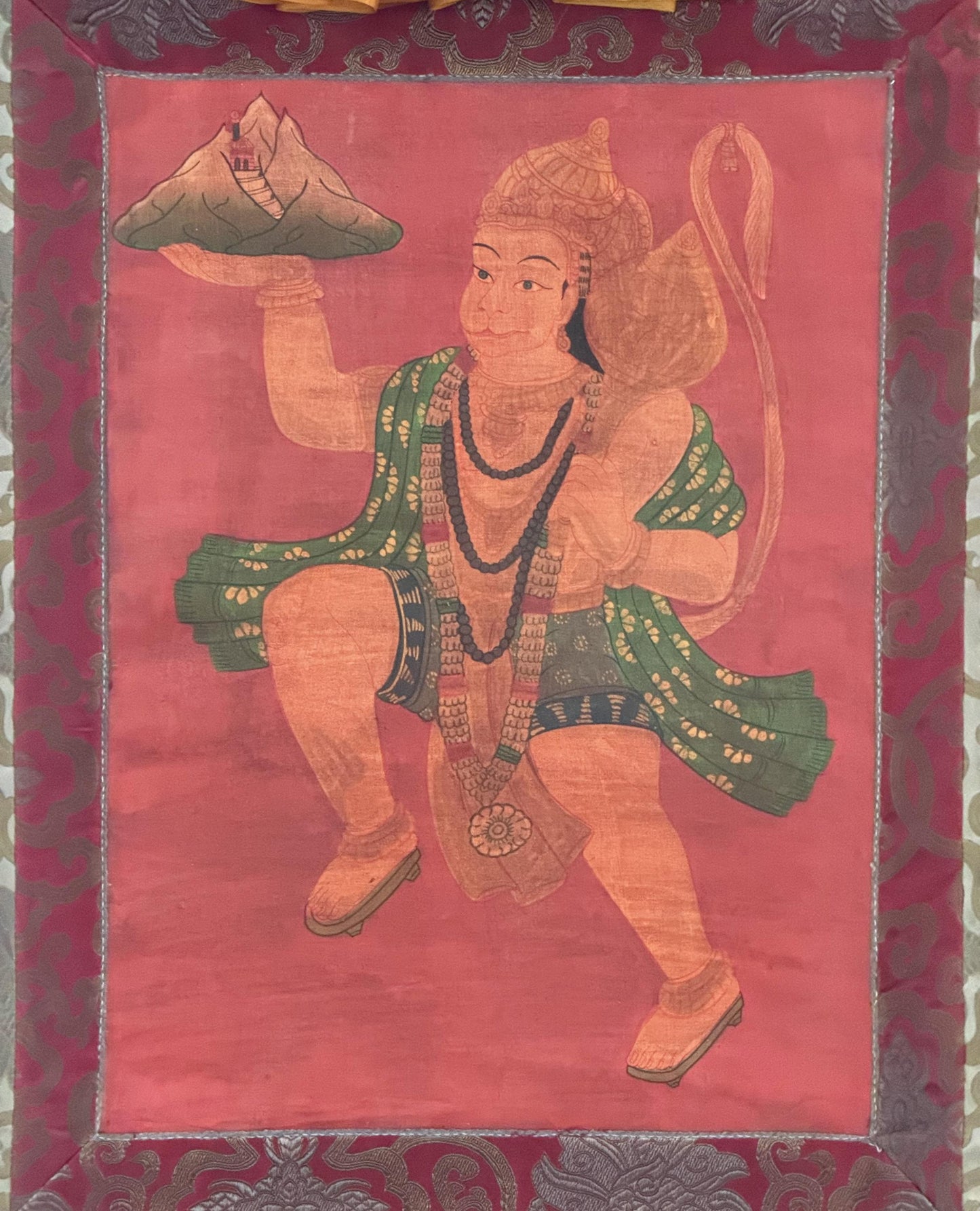 Original Hand-Painted Hanumana Oil-Varnished Old Thangka Painting With Silk Brocade