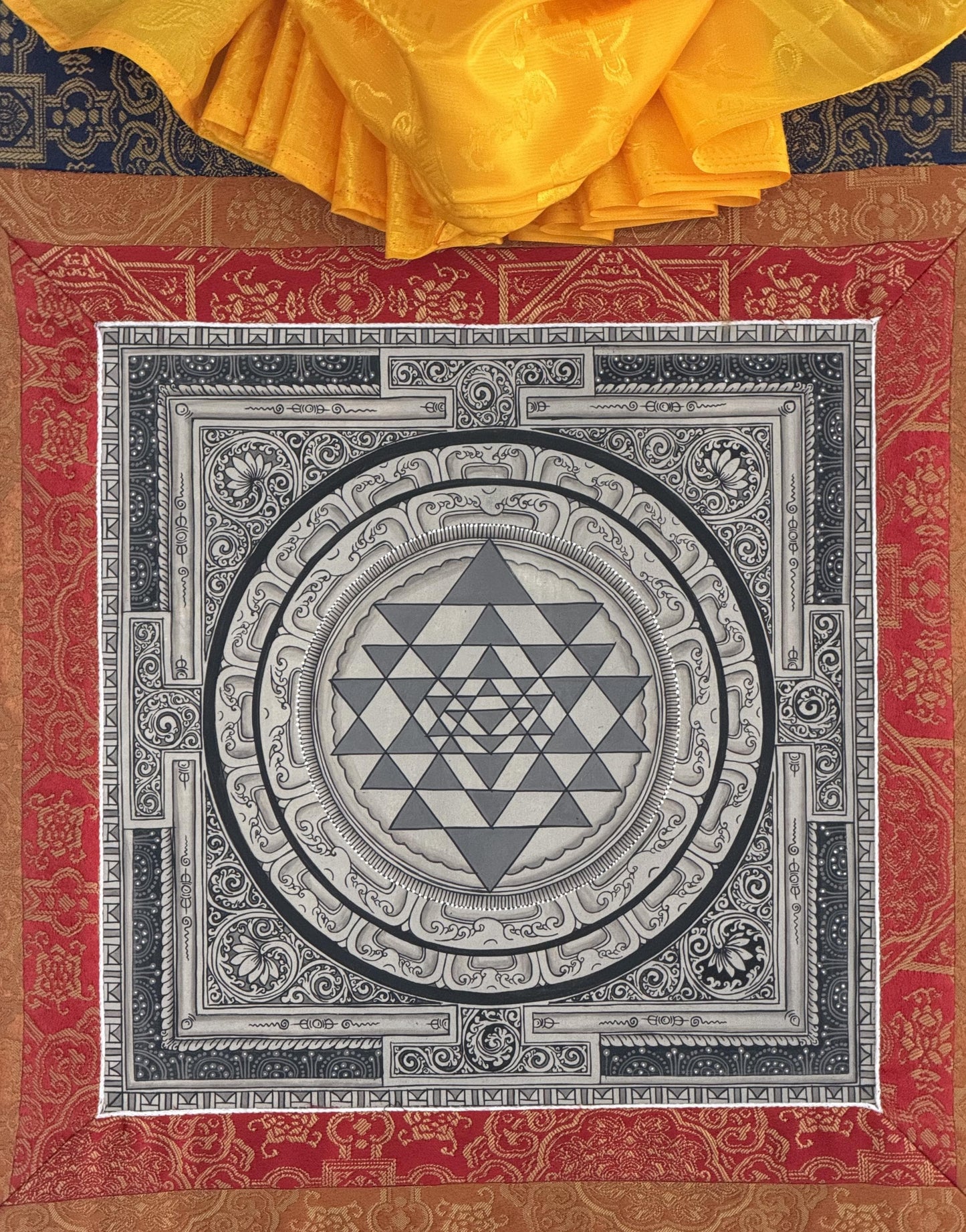 Shri Yantra Paubha Painting | Hand-Painted Sacred Geometry Art with Khadi Silk Brocade