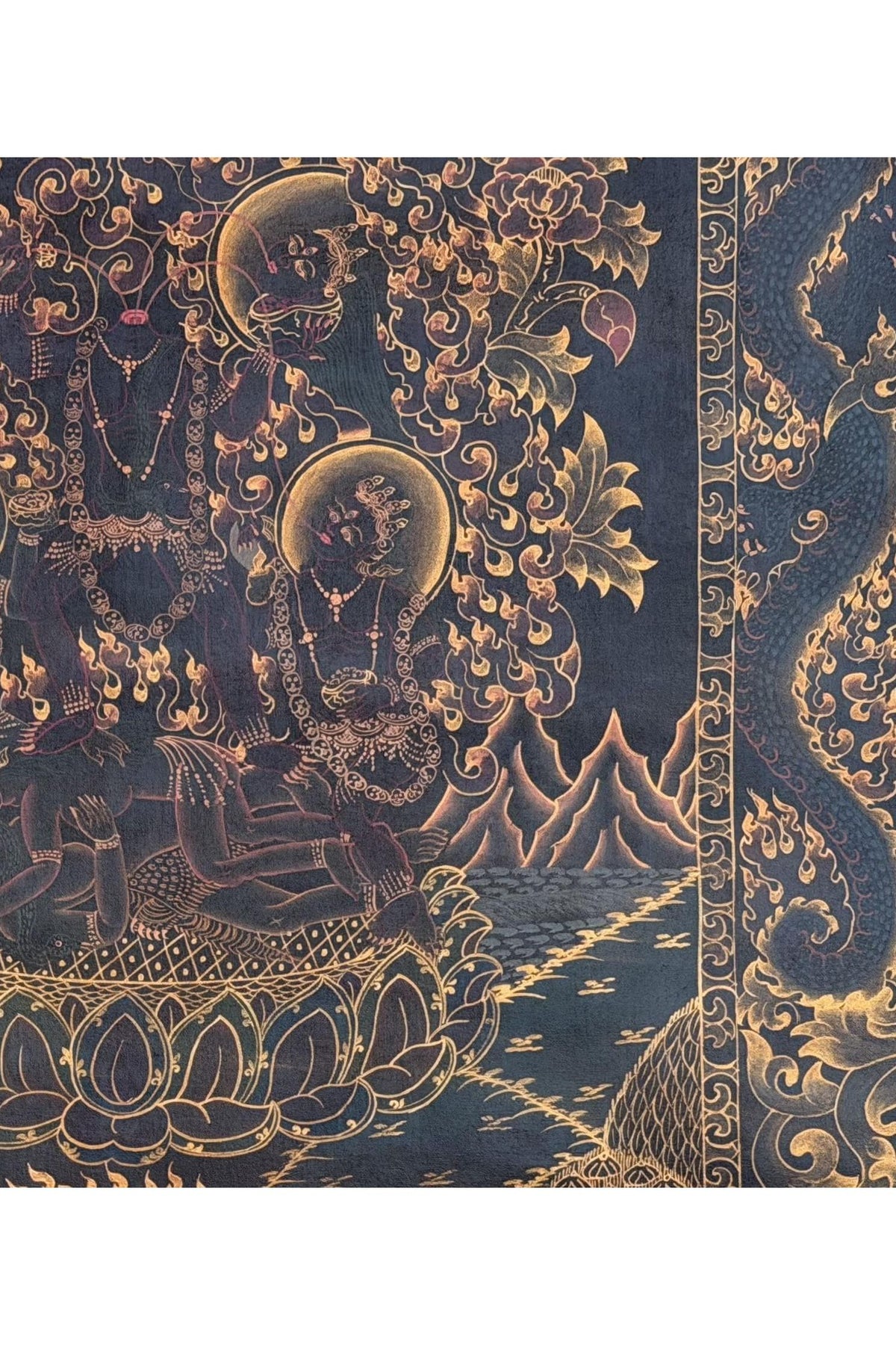 Citipati Black & Gold Thangka | Hand-Painted Tibetan Dancing Skeleton Art