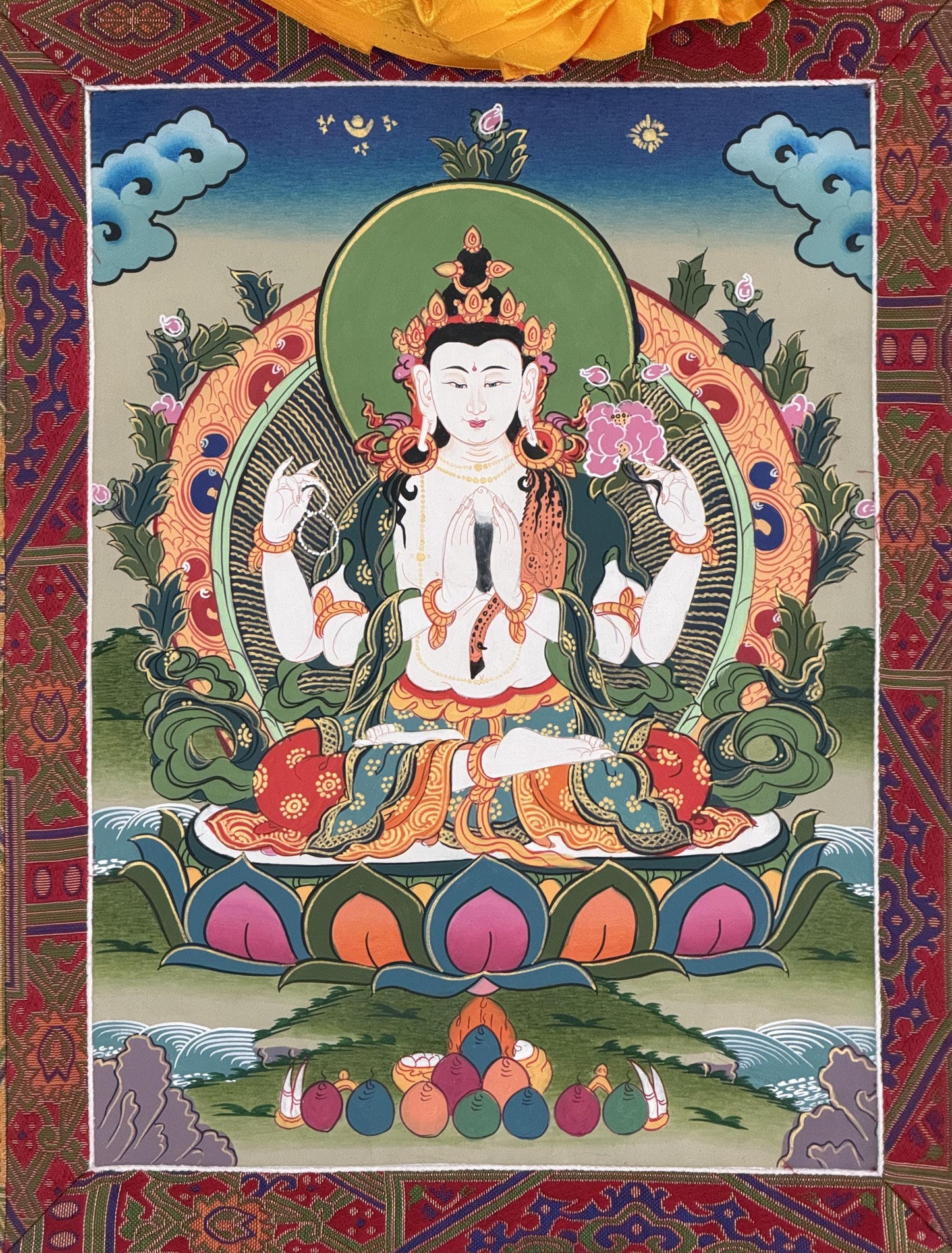 Original Hand-Painted Chenrezig Thangka | Avalokiteshvara – Bodhisattva of Compassion | Silk Brocade