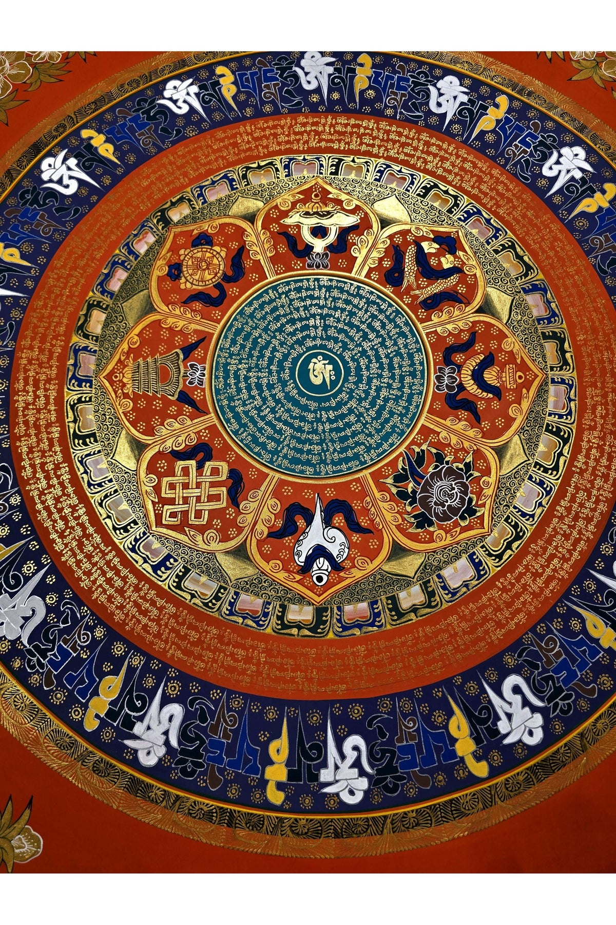 Flower Om Mani Padme Hum Mandala Thangka | Astamangala Tibetan Meditation Art