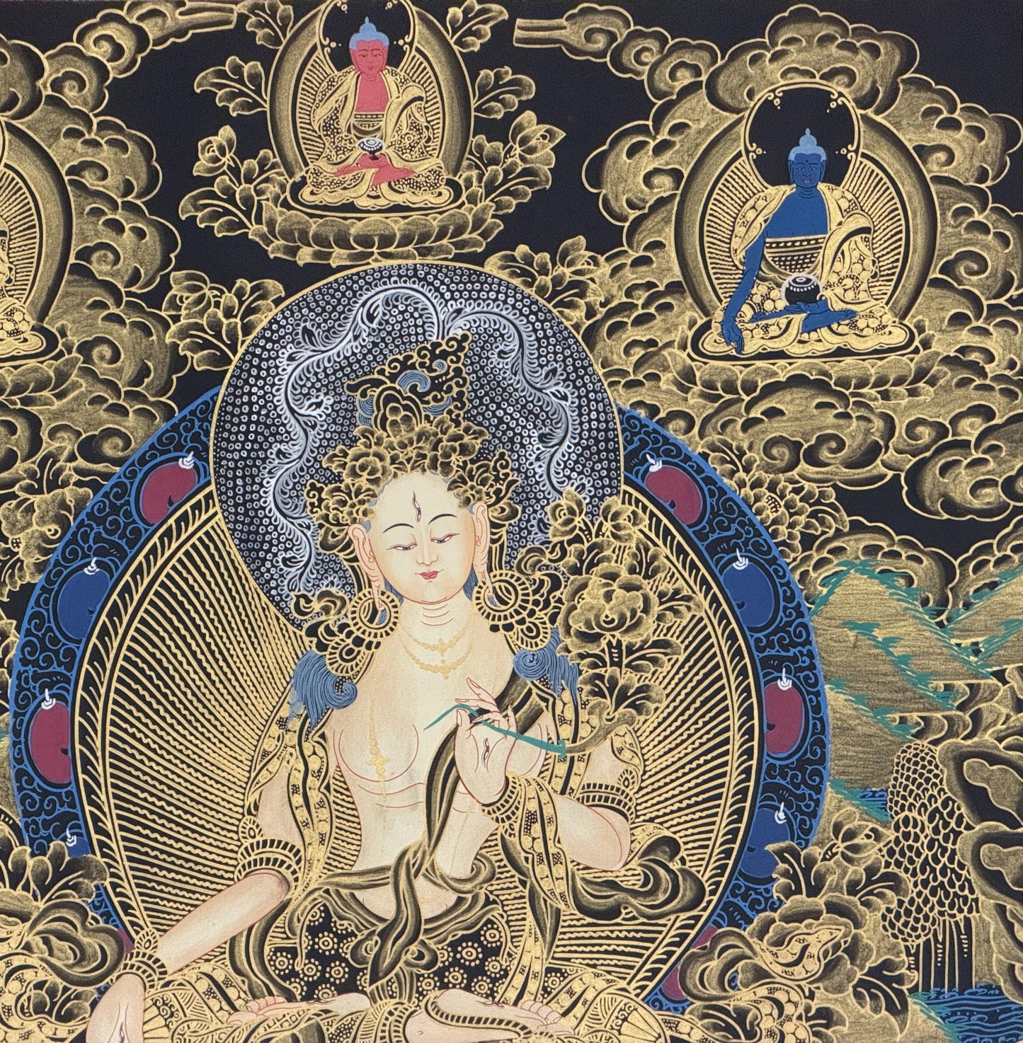 White Tara Tibetan Thangka | Hand-Painted Goddess of Compassion & Long Life Art with Silk Brocade
