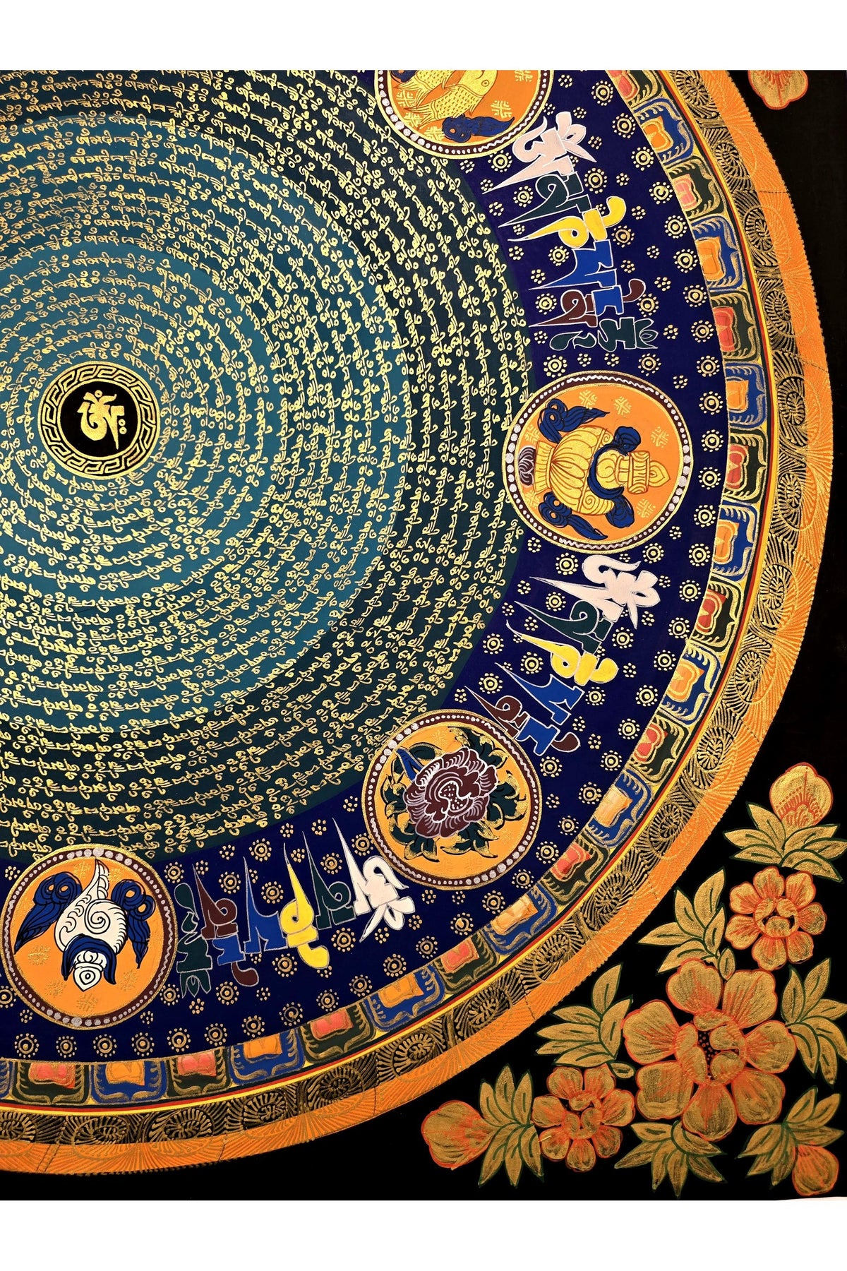 Om Mani Padme Hum Mandala Thangka, Astamangala Tibetan Meditation Art, Floral Border