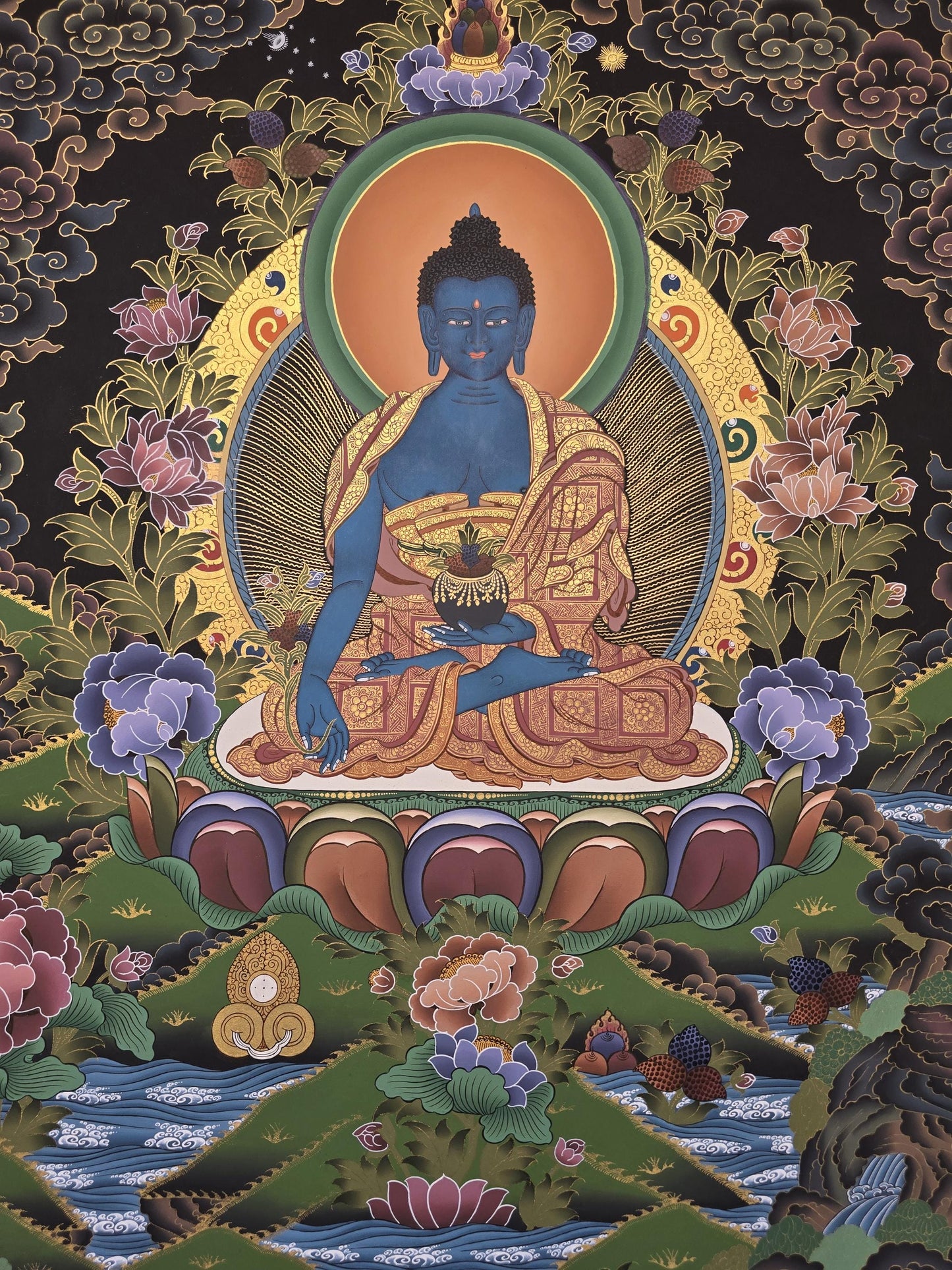 Medicine Buddha Thangka | Hand-Painted Bhaisajyaguru Tibetan Healing Art Masterpiece