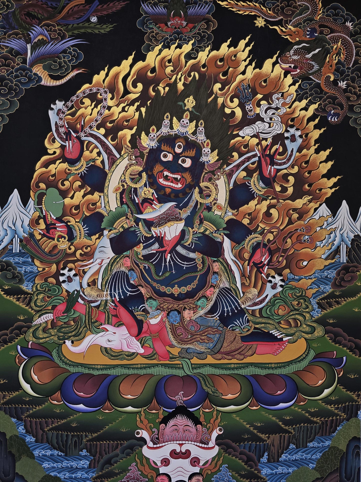 Six-Armed Mahakala Large Thangka | 24K Gold Tibetan Buddhist Art