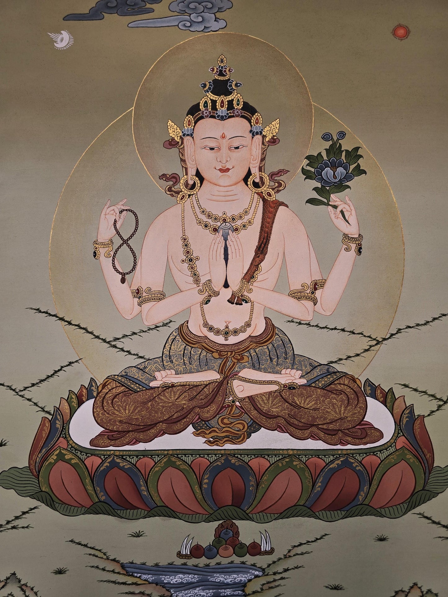 Chenrezig Thangka | Hand-Painted Karma Gadri Tibetan Compassion Art