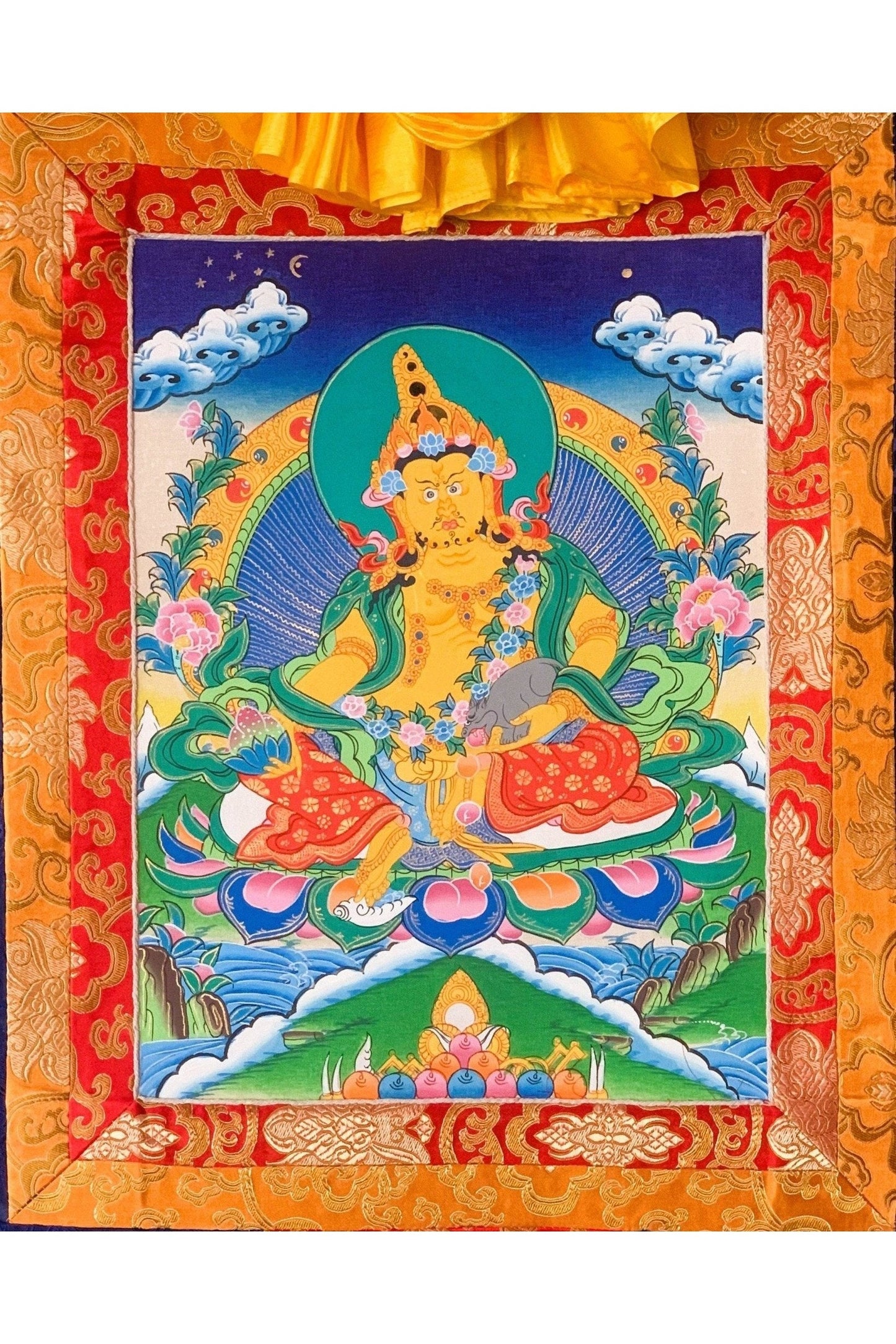 Jambala/ Jambhala/ Dzambala/ Zambala/ Kuber - Wealth Deity Tibetan Thangka Painting/ Original Hand - painted Art with Silk Frame - Tibetan Thangka Art
